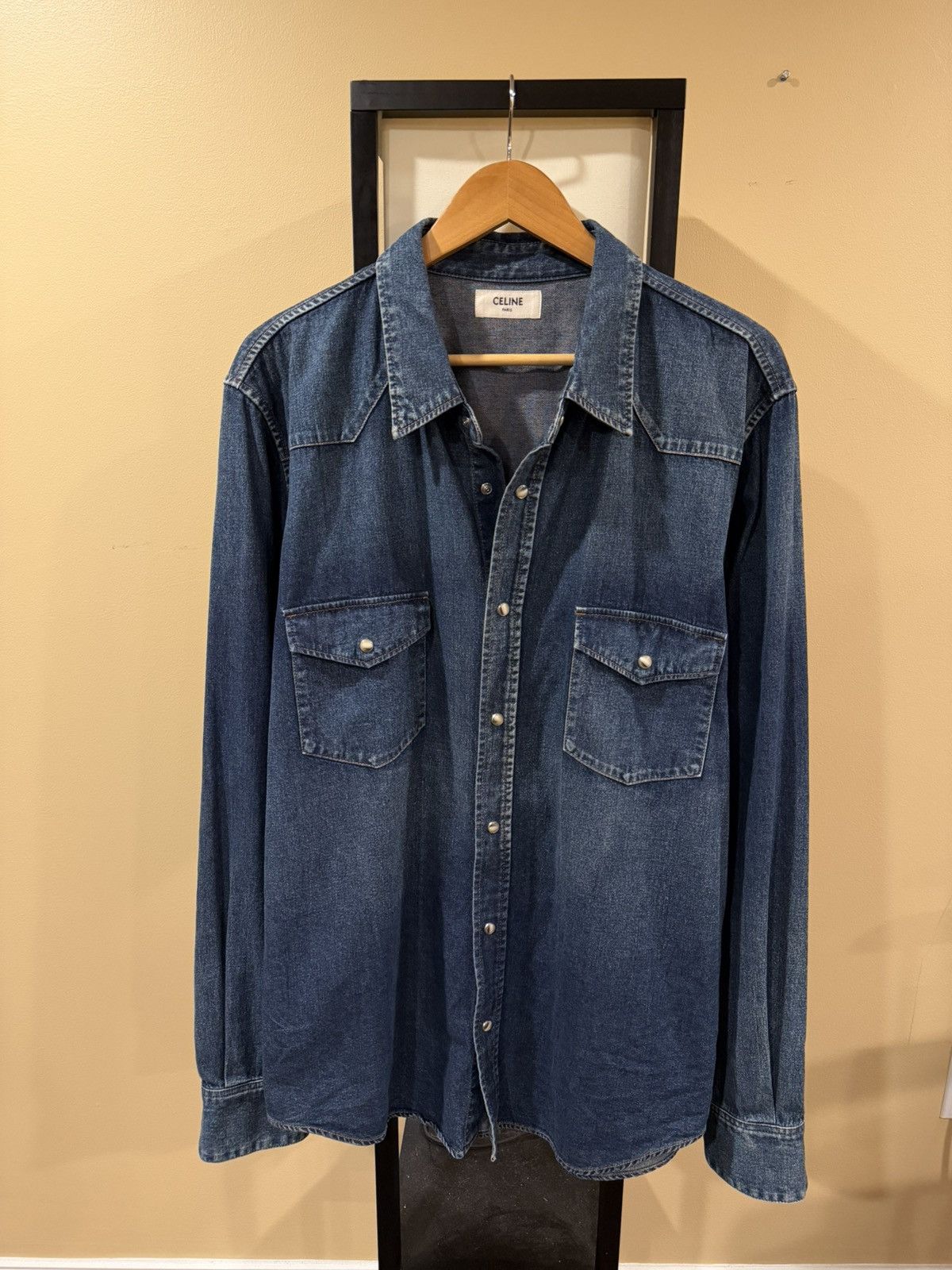 Celine Celine x Hedi Western Stone Wash Blue Denim Button Up Shirt Size US XXL / EU 58 / 5 - 7 Thumbnail