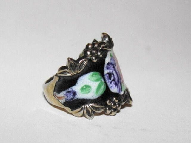 Designer Art Deco Black Floral Enamel Ring Size ONE SIZE - 2 Thumbnail