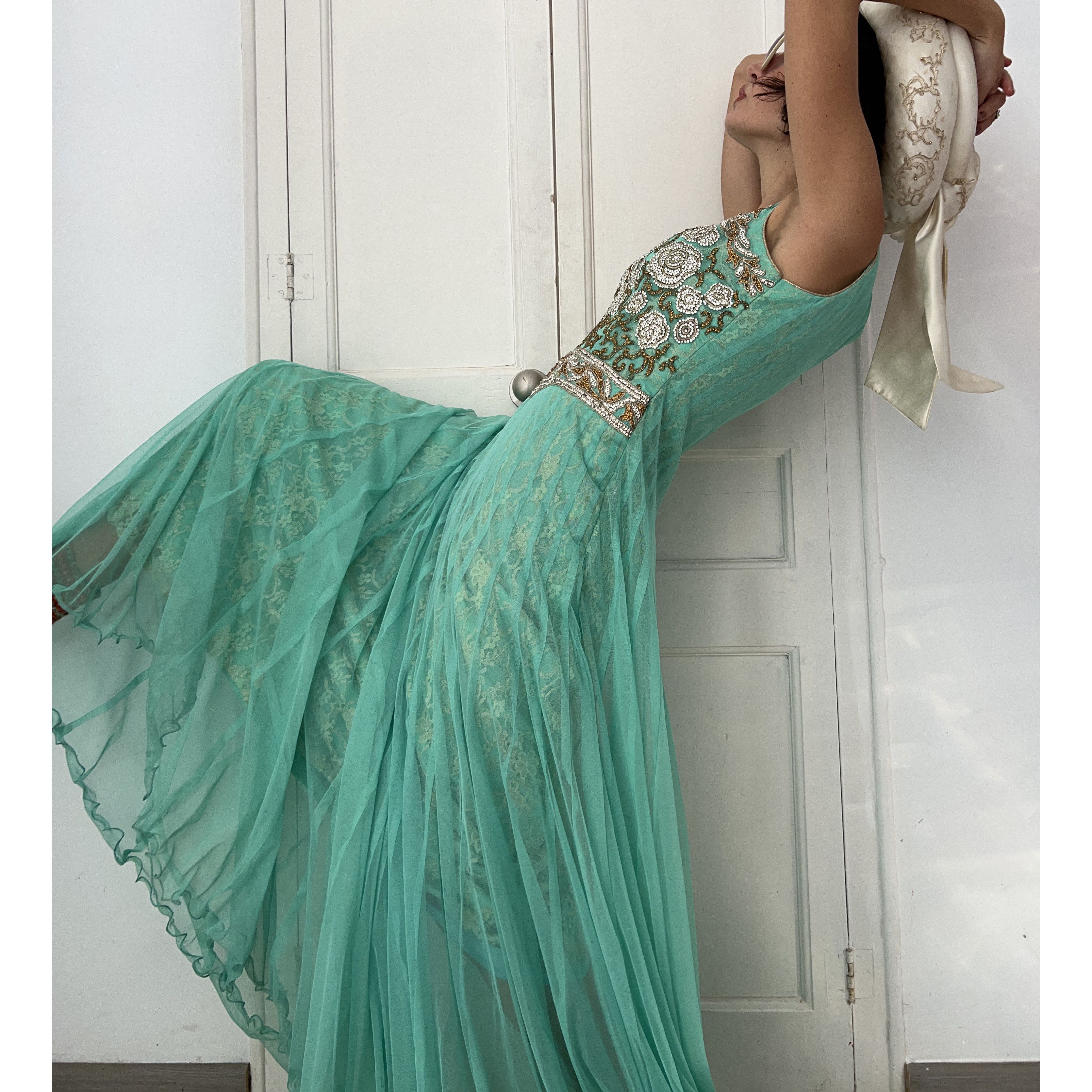 Vintage Mint Green Gold Embroidered Anarkali Gown Size M / US 6-8 / IT 42-44 - 5 Thumbnail