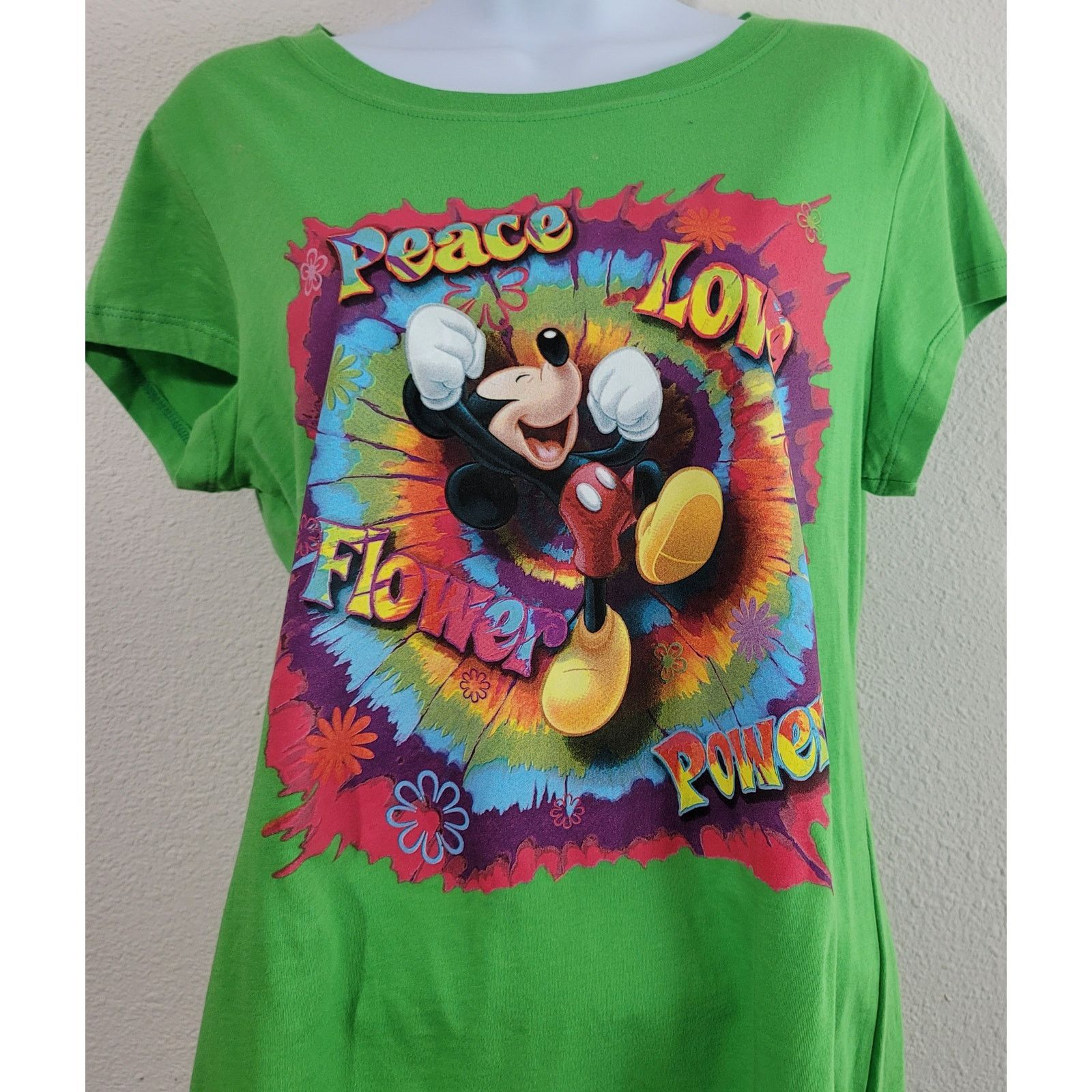 Disney Disney Green Mickey Mouse Peace Love Flower Shirt XL Size XL / US 12-14 / IT 48-50 - 2 Thumbnail