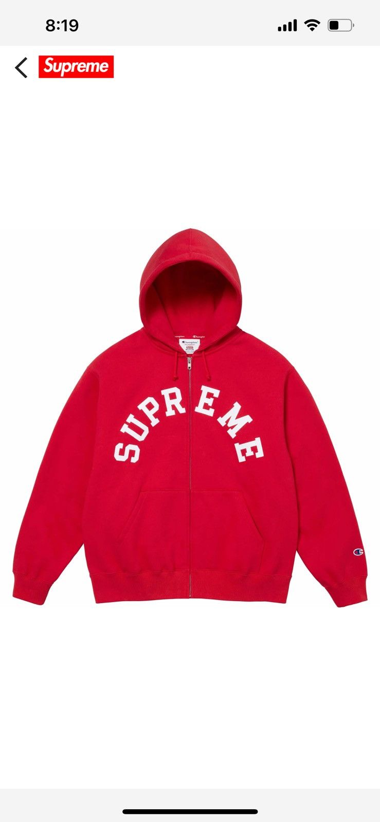 image of Supreme Champion Zip Up in Red, Men's (Size Small)