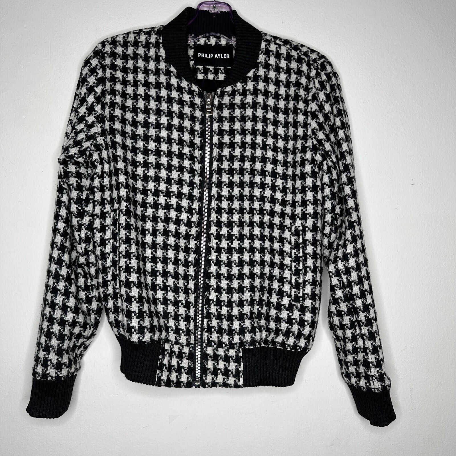 Louis Philippe Philip Ayler White Black Tweed Houndstooth Bomber Jacket M Size M / US 6-8 / IT 42-44 - 2 Thumbnail