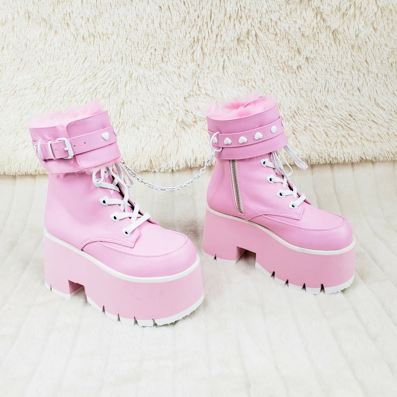 Other Ashes 57 Pink Heart Studs 3.5" Platform Goth Boots Fur Lined Size US 7 / IT 37 - 8 Thumbnail
