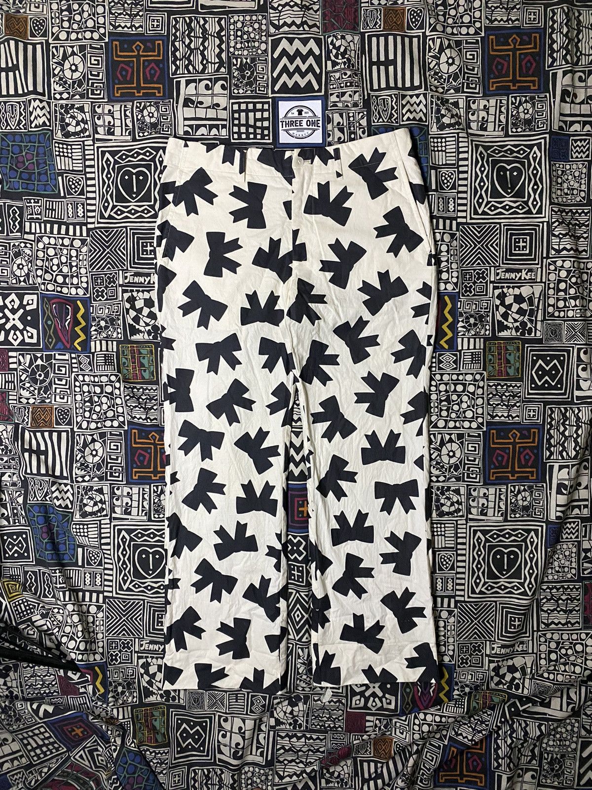 image of Comme Des Garcons Ribbon Print Pants in White, Men's (Size 31)