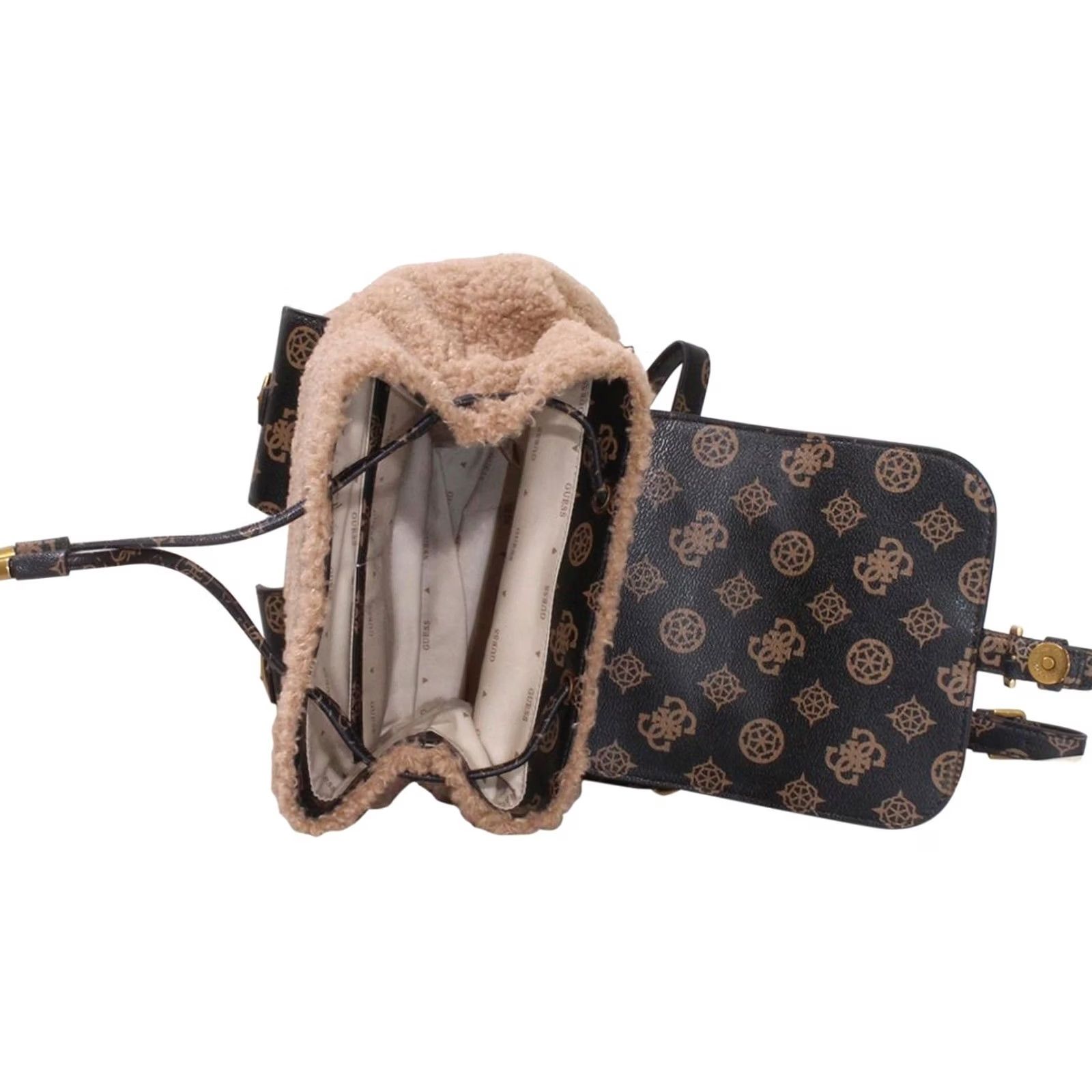 Guess VINTAGE Guess Women's No-Limit Flap Backpack Faux Fur Bag Mocha Multi Size ONE SIZE - 4 Thumbnail