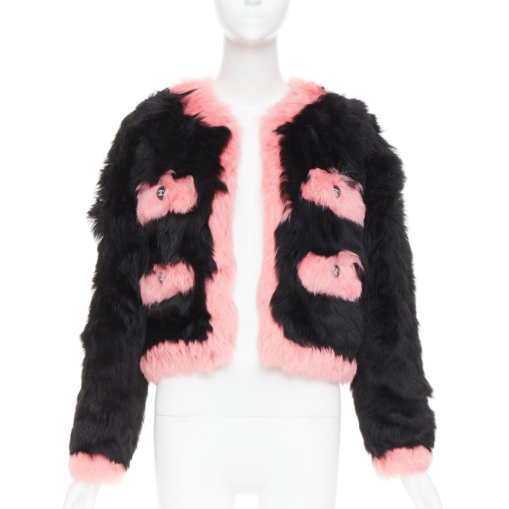 Chanel rare CHANEL 21K black pink shearling fur CC crystal buttons 4 pocket jacket FR36 S Size S / US 4 / IT 40 - 1 Thumbnail