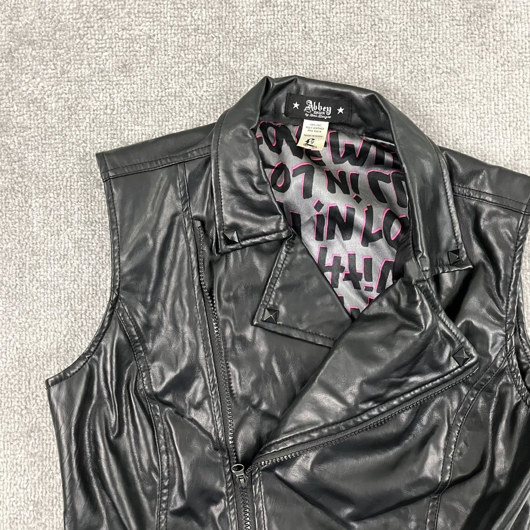 Vintage Abbey Dawn by Avril Lavigne Jacket Large Juniors 100% PVC Poly Leather Zip Moto Size L / US 10 / IT 46 - 7 Thumbnail