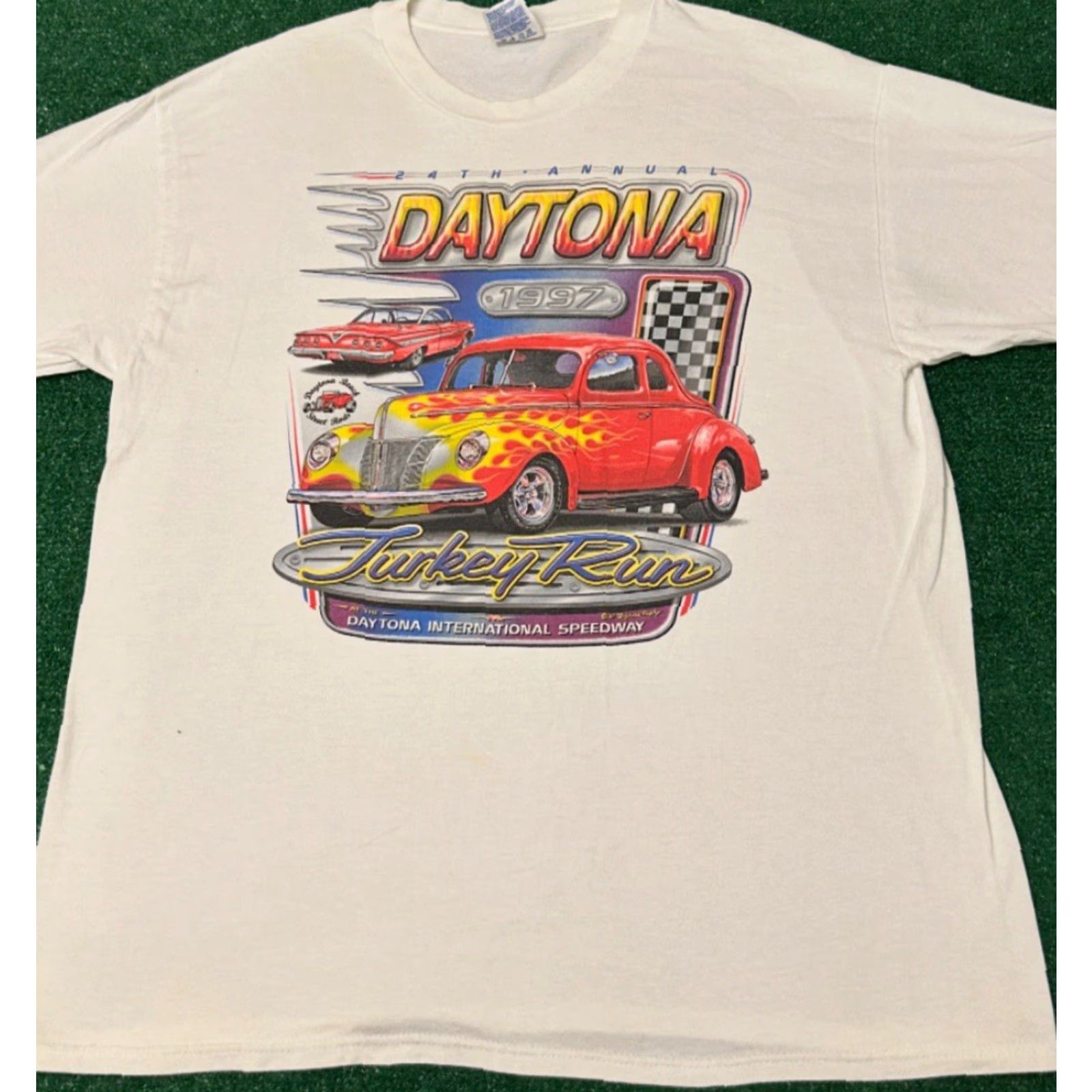 NASCAR VINTAGE Daytona Turkey Run 1997 Hot Rod Classic Car NASCAR Racing Shirt XL Mens White 90s Cars Vintage Size US XL / EU 56 / 4 - 3 Thumbnail