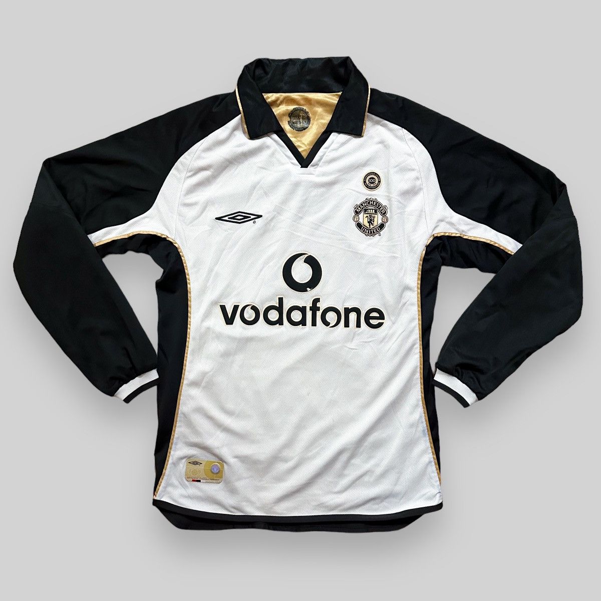 image of Vintage Umbro Manchester United Centenary Away Soccer Jersey in Black White, Men's (Size Small)