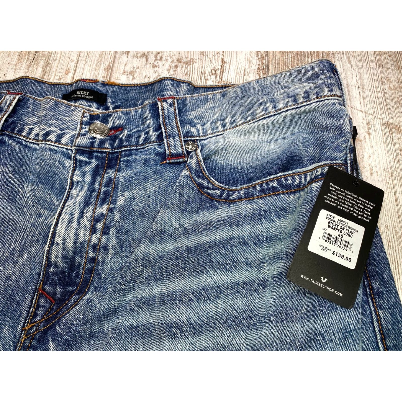 True Religion VINTAGE True Religion Jeans Mens 40x34 Blue Denim Ricky Relaxed Straight Flap Pockets Size US 40 / EU 56 - 6 Thumbnail