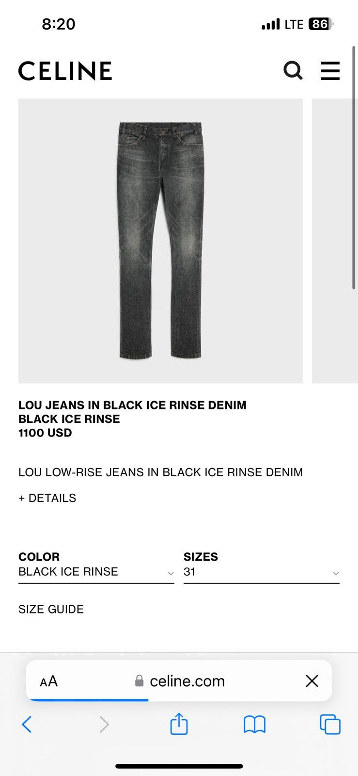 image of Celine Lou Jeans In Black Ice Rinse Denim, Men's (Size 28)