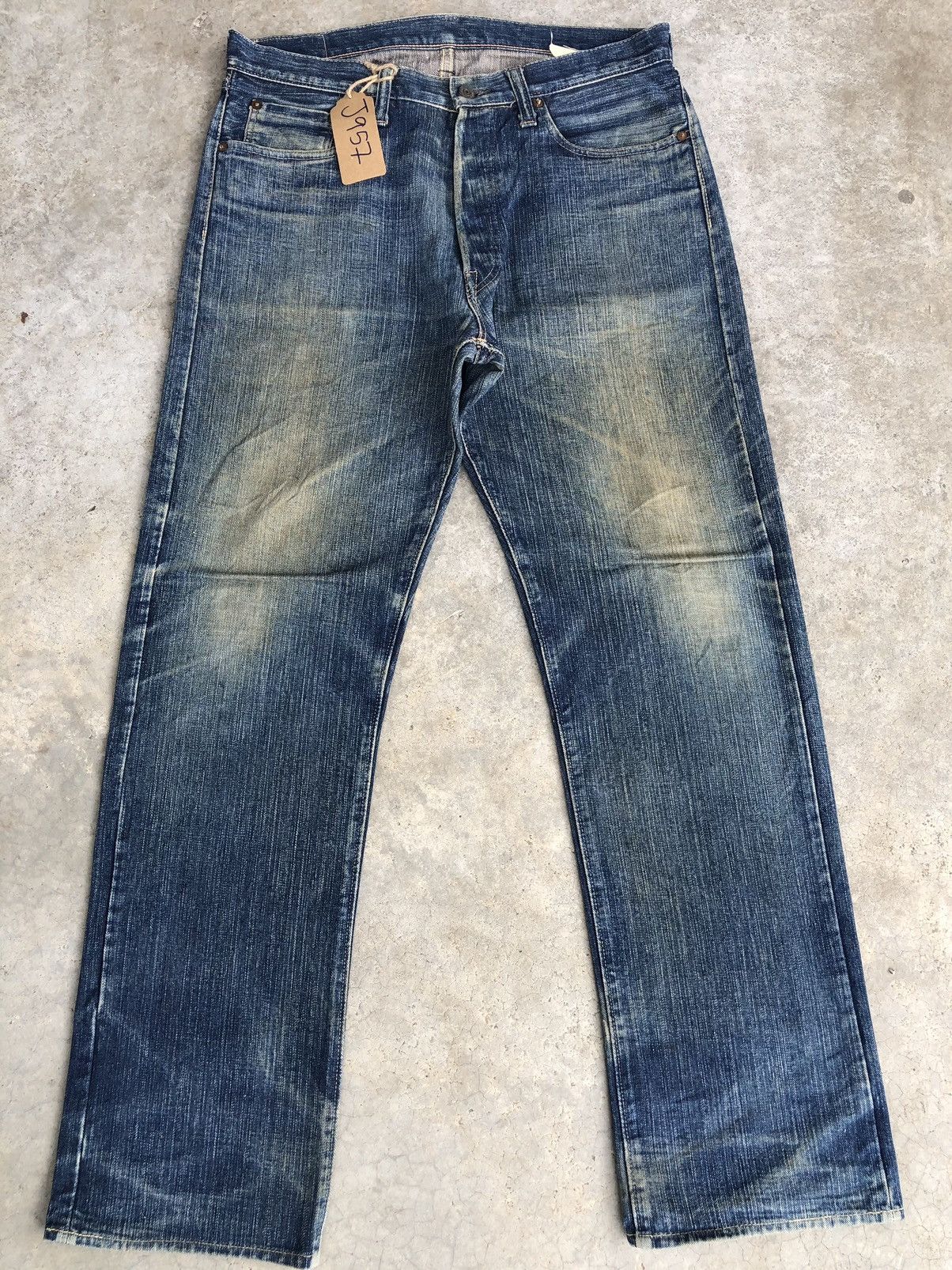 image of Distressed Denim x Sugar Cane Co Sugarcane Jeans Snake Patch Distressed Jeans in Blue (Size 33)