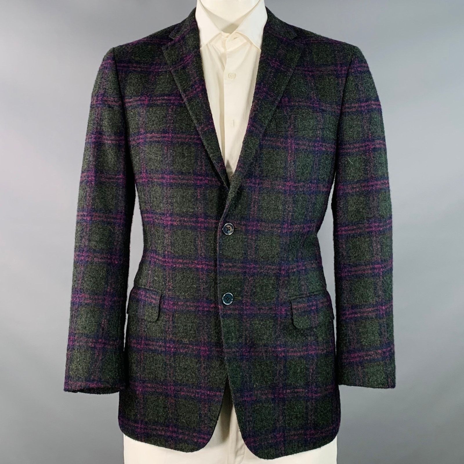 Robert Talbott 42 Regular Green Purple Plaid Alpaca Wool Sport Coat Size 42R - 1 Thumbnail