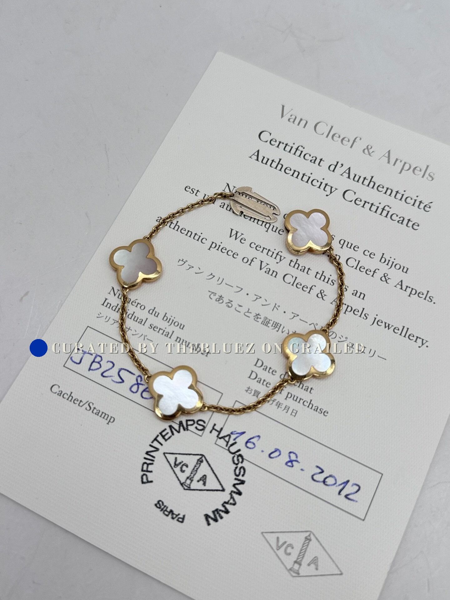 Van Cleef Alhambra 18k Gold White Mop Bracelet, Women's