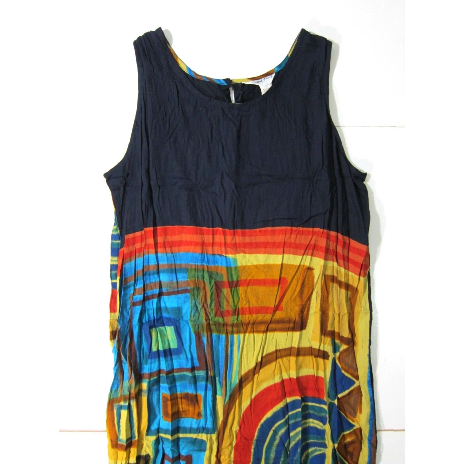 Vintage NWT Orient Pearl Indonesia Maxi Tank Dress 1X Blue Yellow Green Long 100% Rayon Women Sleeveless Size XL / US 12-14 / IT 48-50 - 3 Thumbnail