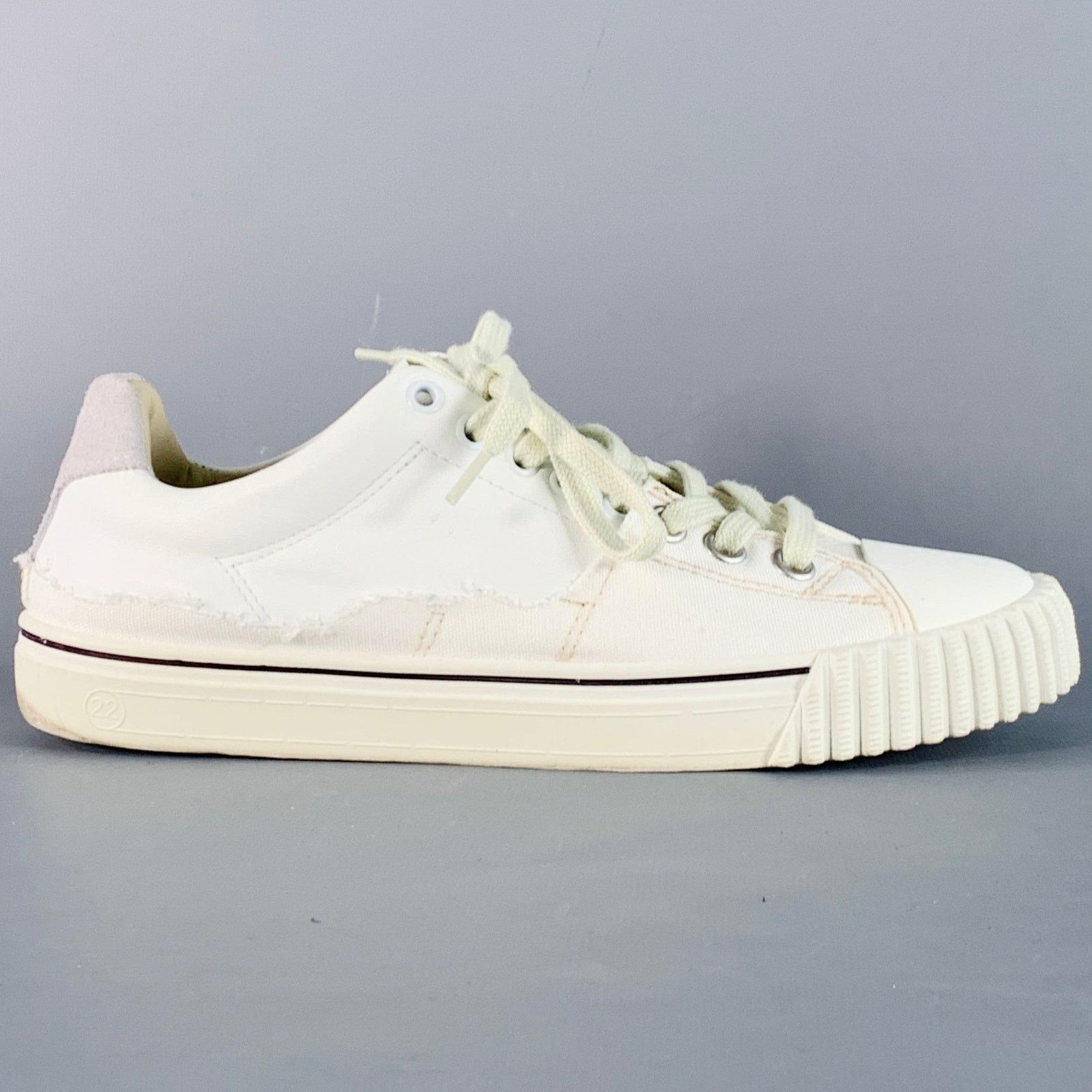 Maison Margiela 5 White Leather Canvas Distressed Low Top Sneakers Size US 5 / EU 37 - 2 Thumbnail