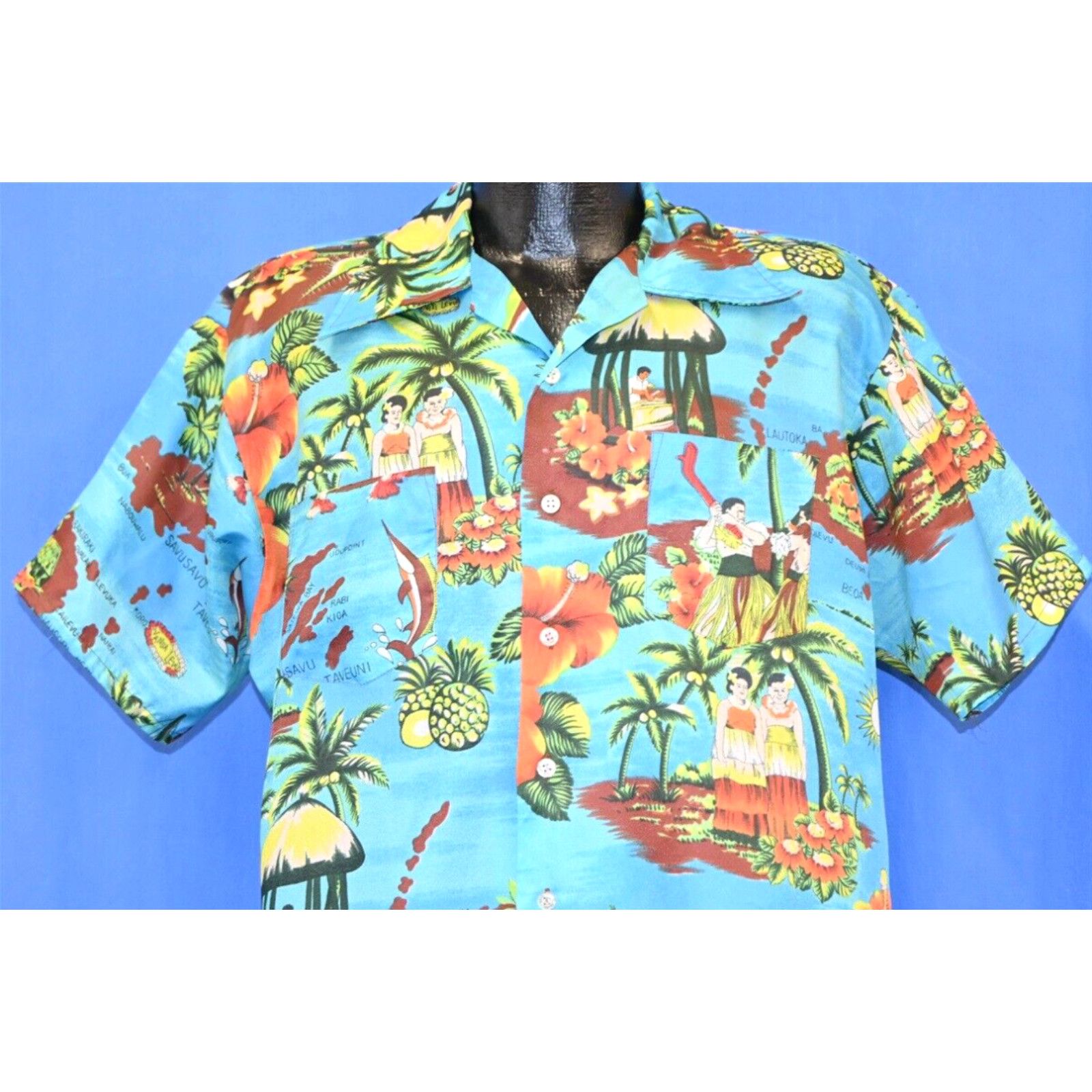 image of Alohas Vintage 70's Aloha Waikiki Holiday Fiji Islands Palm Tree Poly Hawaiian Shirt XL in White