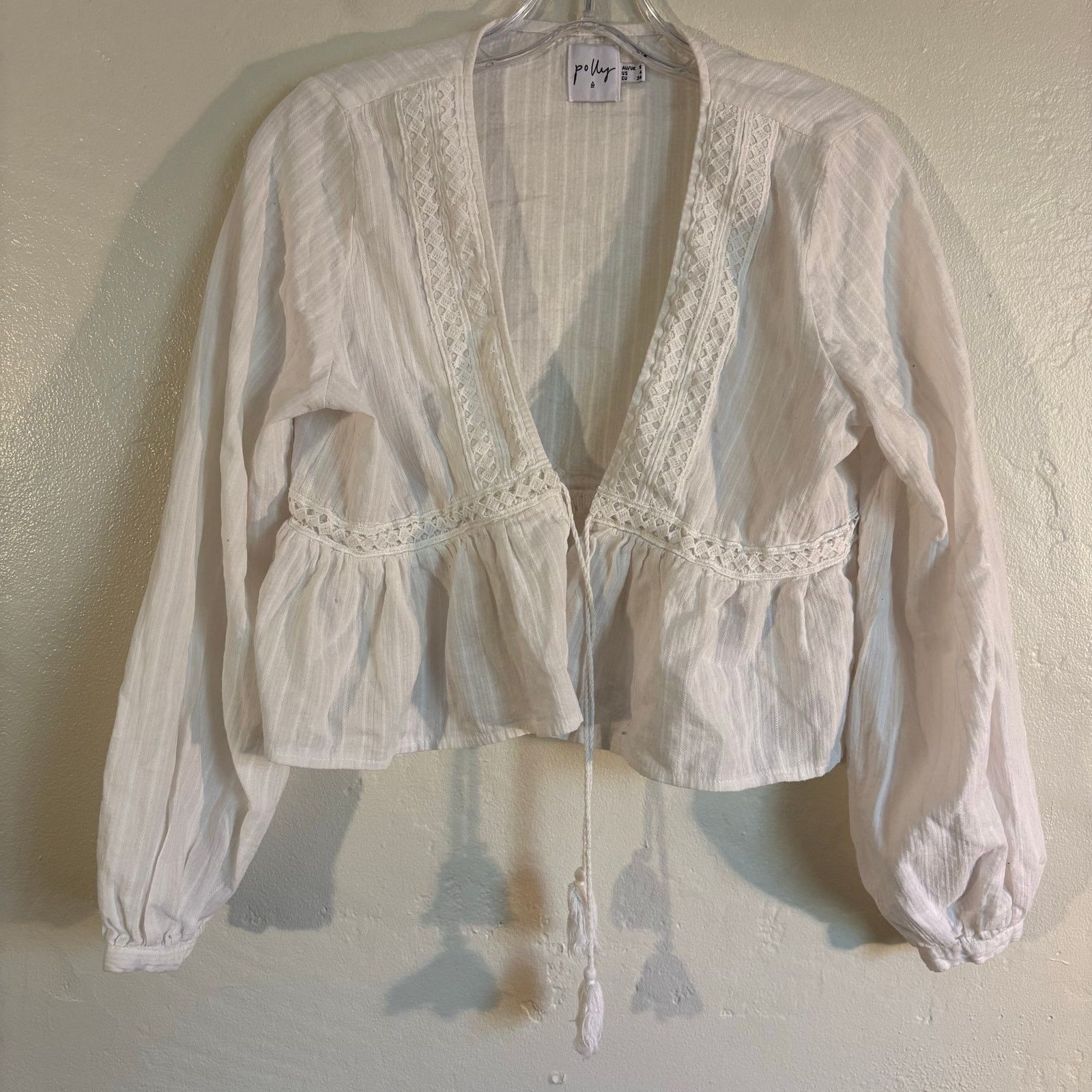 Other White Polly Blouse With Lace Detail 100% Cotton Crop Size S / US 4 / IT 40 - 2 Thumbnail