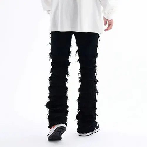 VIBE Black Striped Tassel Frayed Straight Baggy Jeans Pants Size US 34 / EU 50 - 7 Thumbnail