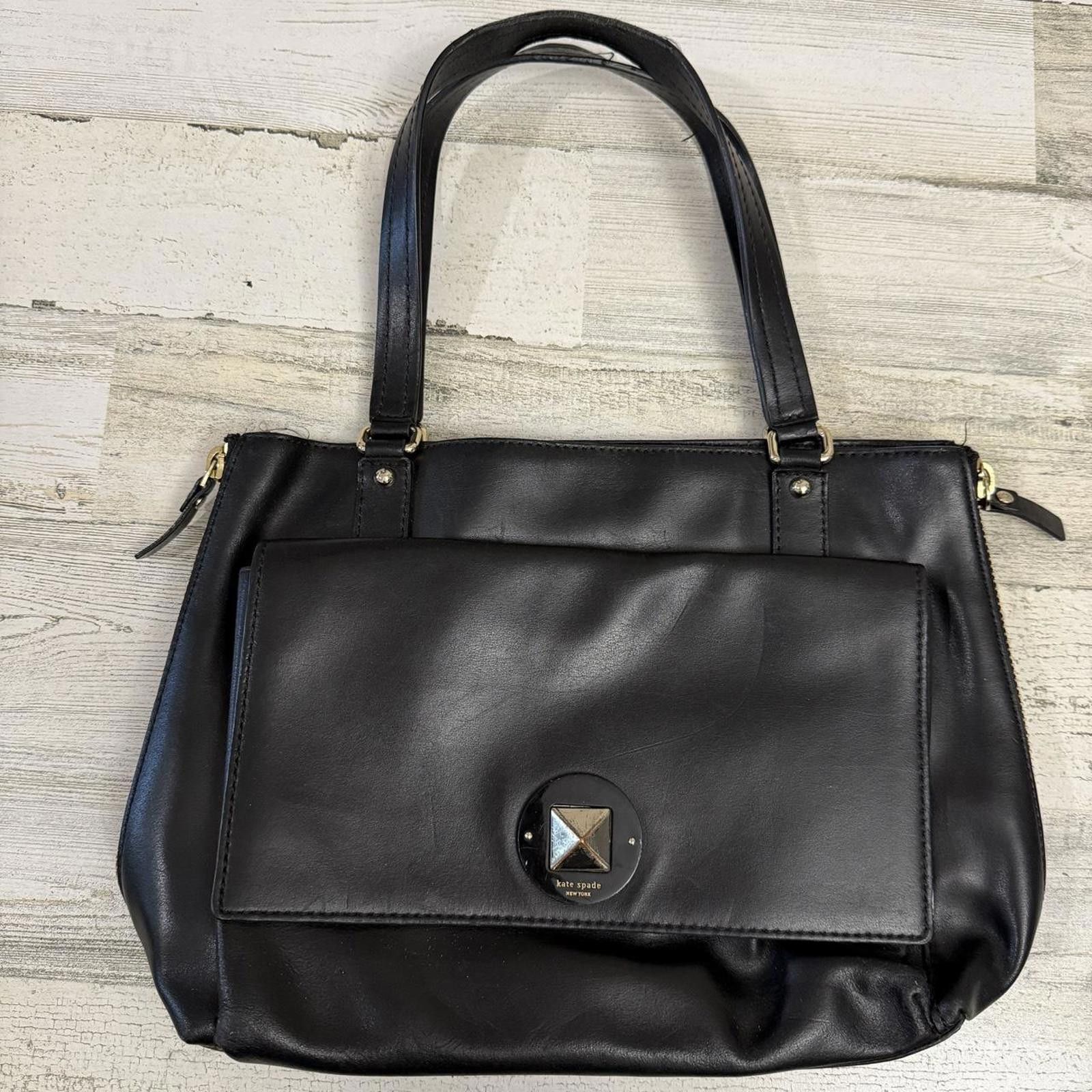 Designer Kate Spade Expandable Large Black Leather Tote Shoulder Bag Size ONE SIZE - 1 Thumbnail