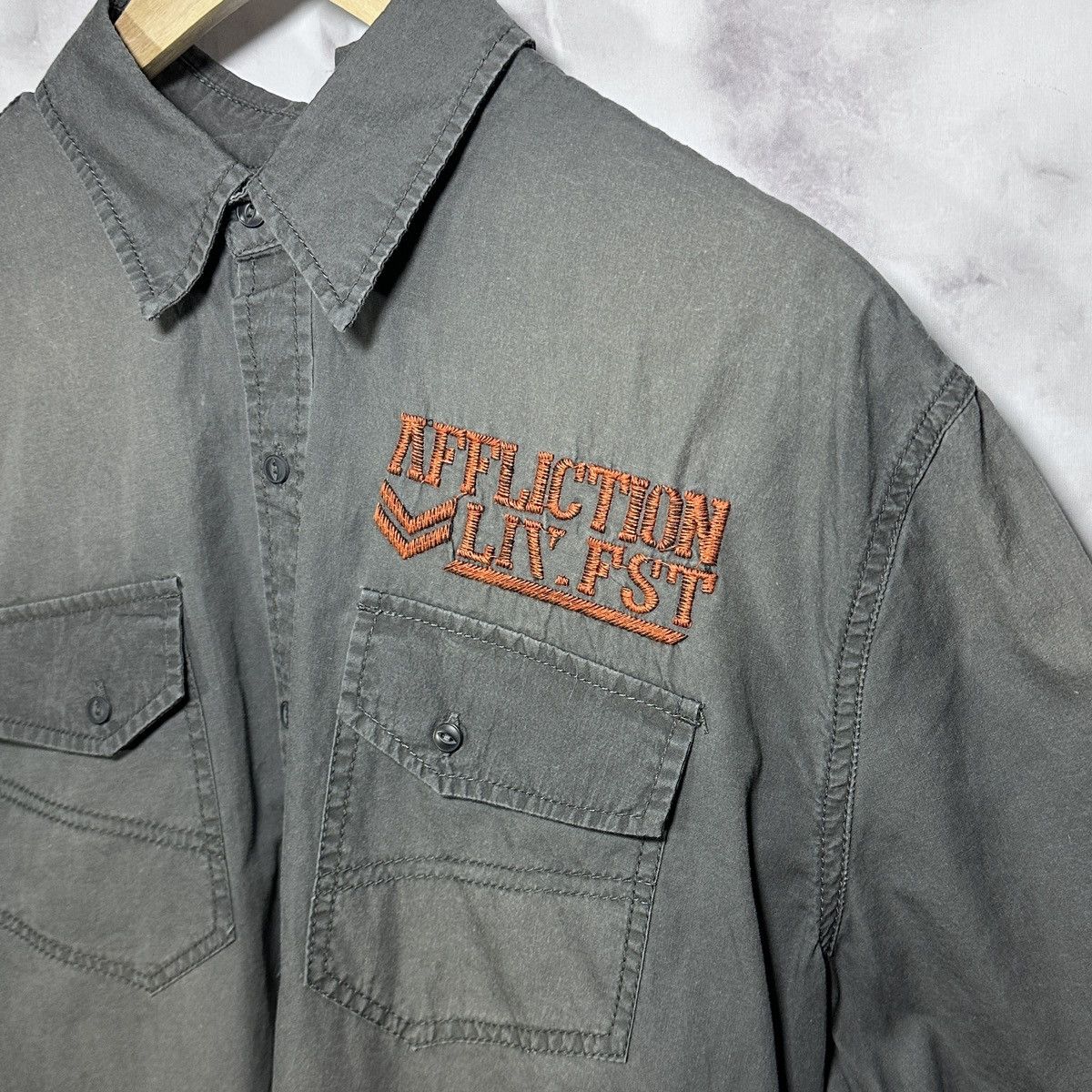 Affliction Live Fast Sun Faded Grey Short Sleeve Button-Up Size US L / EU 52-54 / 3 - 2 Thumbnail