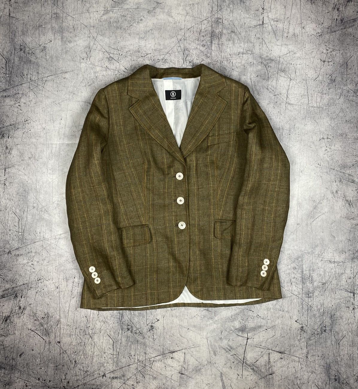 Bogner Bogner Women Olive Linen Silk Blazer Plaid Tailored Jacket Size XL / US 12-14 / IT 48-50 - 2 Thumbnail