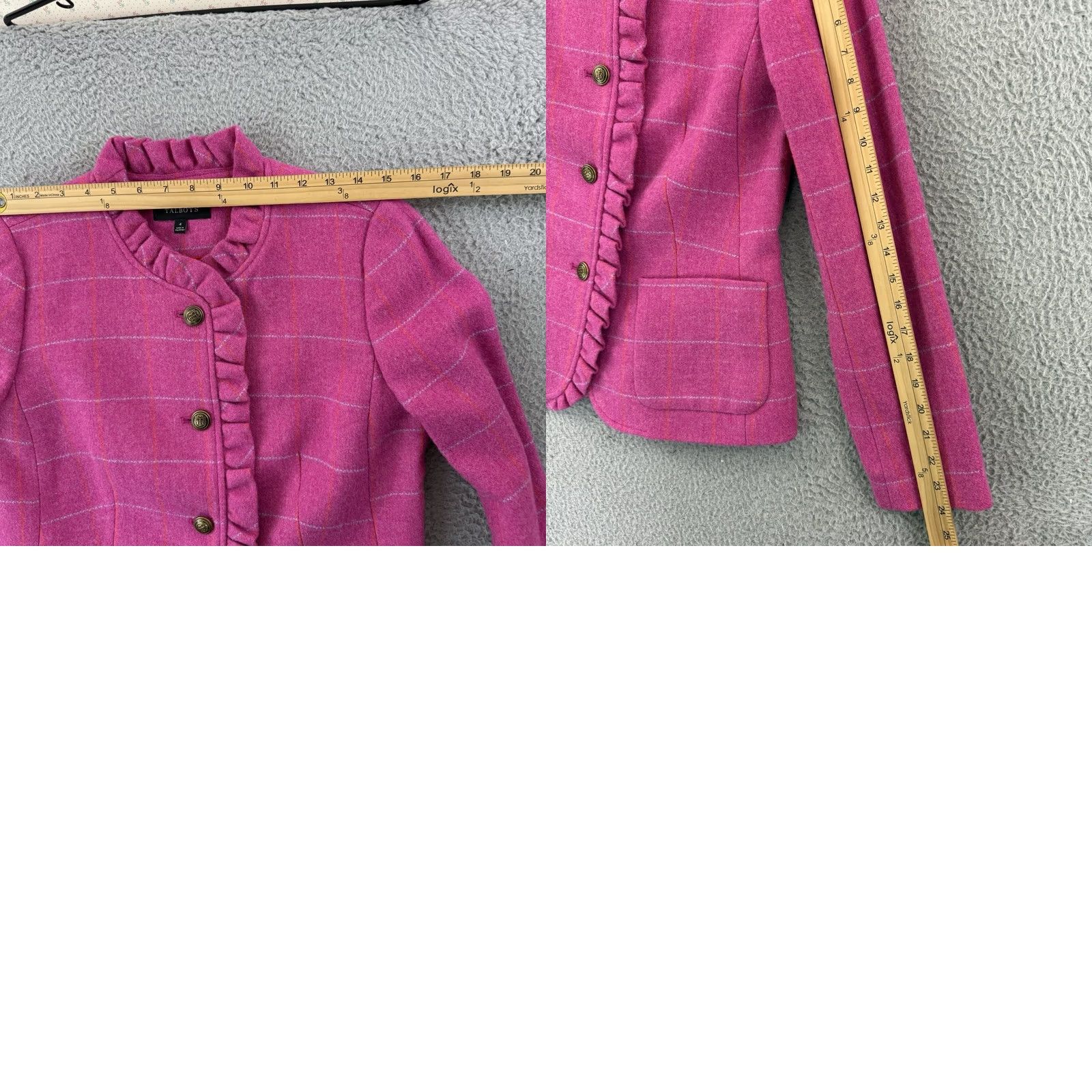 Talbots Talbots Blazer Jacket Women's 4 Pink Wool Blend Check Ruffle Preppy NWT Business Short Sleeve Coat Size S / US 4 / IT 40 - 9 Thumbnail