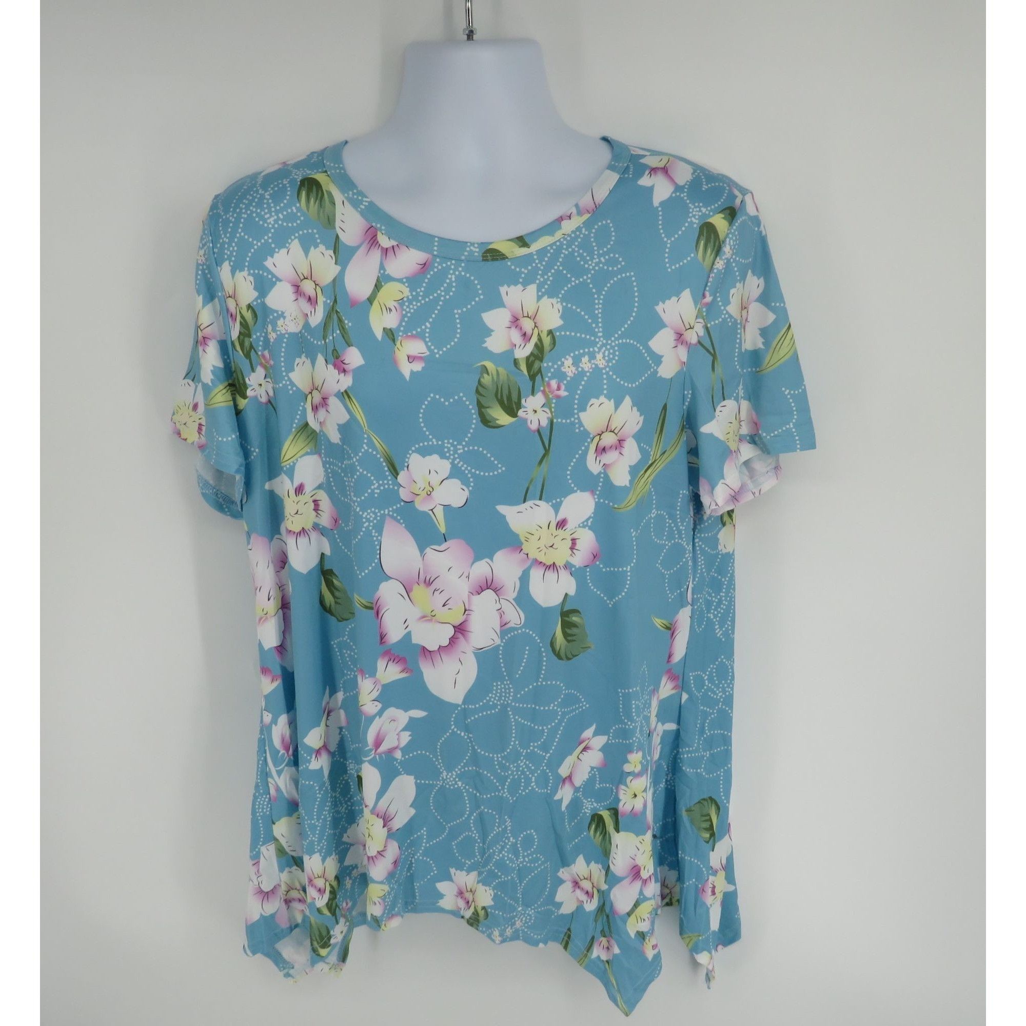 Other Dolnine Women's Floral Top Short Sleeve Blue Background 16W Size XXL / US 16-18 / IT 52-54 - 1 Thumbnail