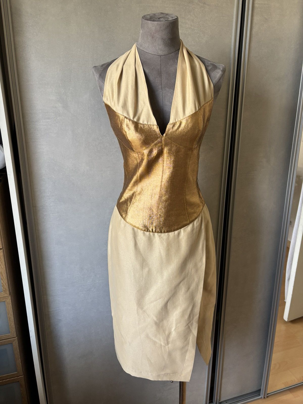 Thierry Mugler Vintage Thierry Mugler Couture Gold and Beige Halter Dress Size S / US 4 / IT 40 - 2 Thumbnail