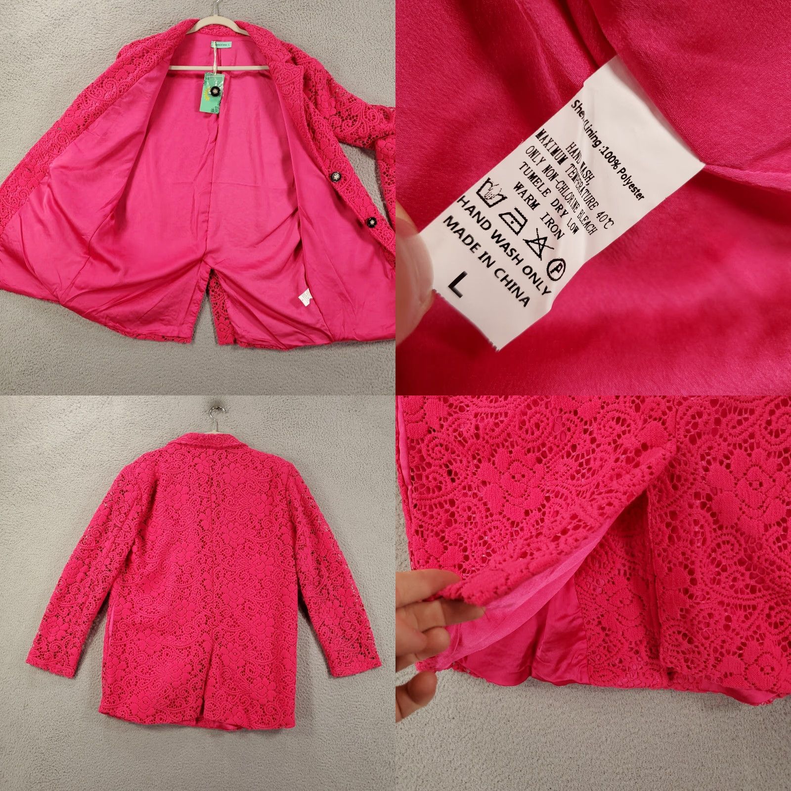 Vintage New Womens Blazer Jacket Large Hot Pink Lace Button Up Lined Single Vent Size L / US 10 / IT 46 - 8 Thumbnail