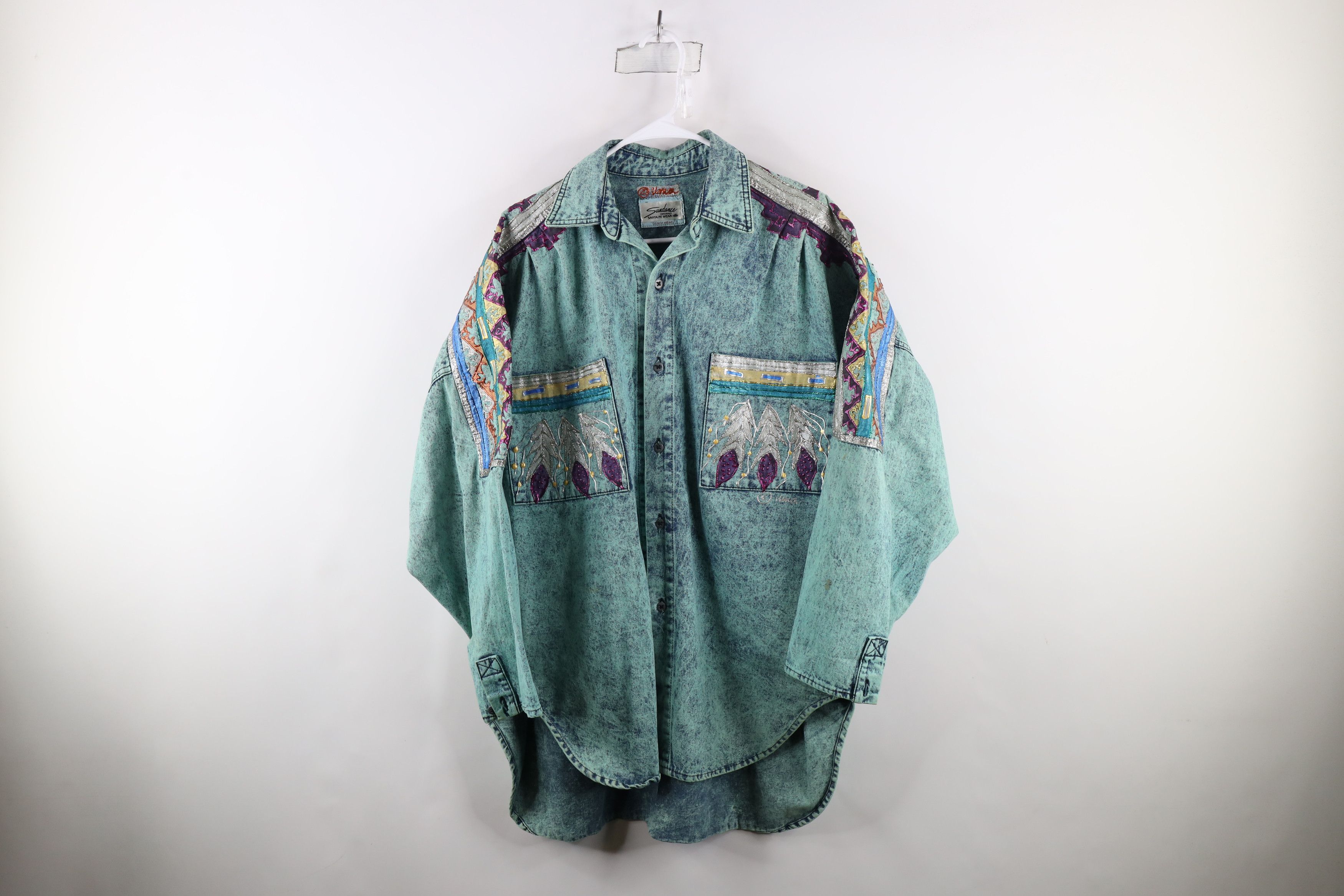 Vintage 90s Southwestern Glitter Glue Denim Shirt Jacket USA