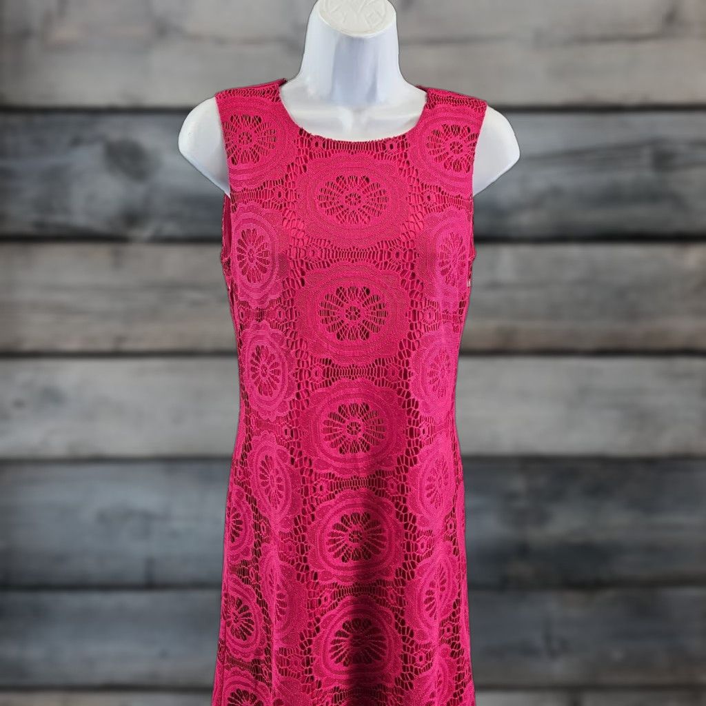 Vintage Eliza J Womens Dress Sz 0 Pink Crochet Lace Sleeveless Round Neck Fit & Flare Short Size XS / US 0-2 / IT 36-38 - 1 Thumbnail
