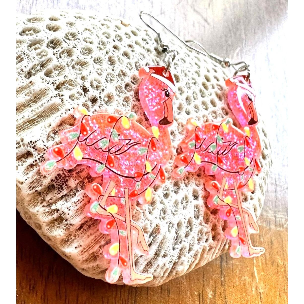 Handmade Christmas Flamingo Earrings New Santa Hat Holiday Lights Gli Size ONE SIZE - 9 Thumbnail