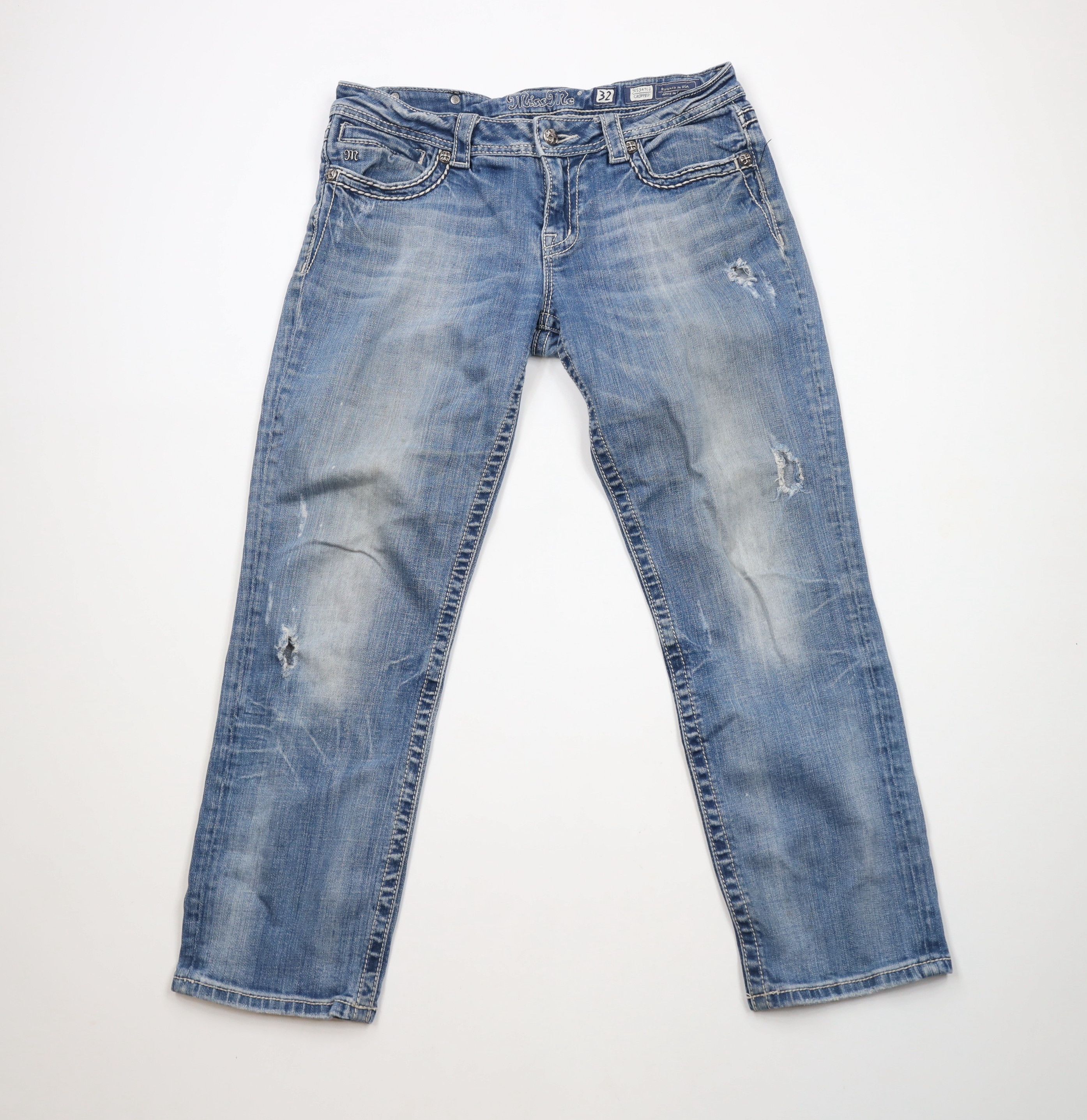 Miss Me × Vintage Miss Me Thick Stitch Fleur de Lis Cropped Denim Jeans Blue Size 32" / US 10 / IT 46 - 1 Thumbnail
