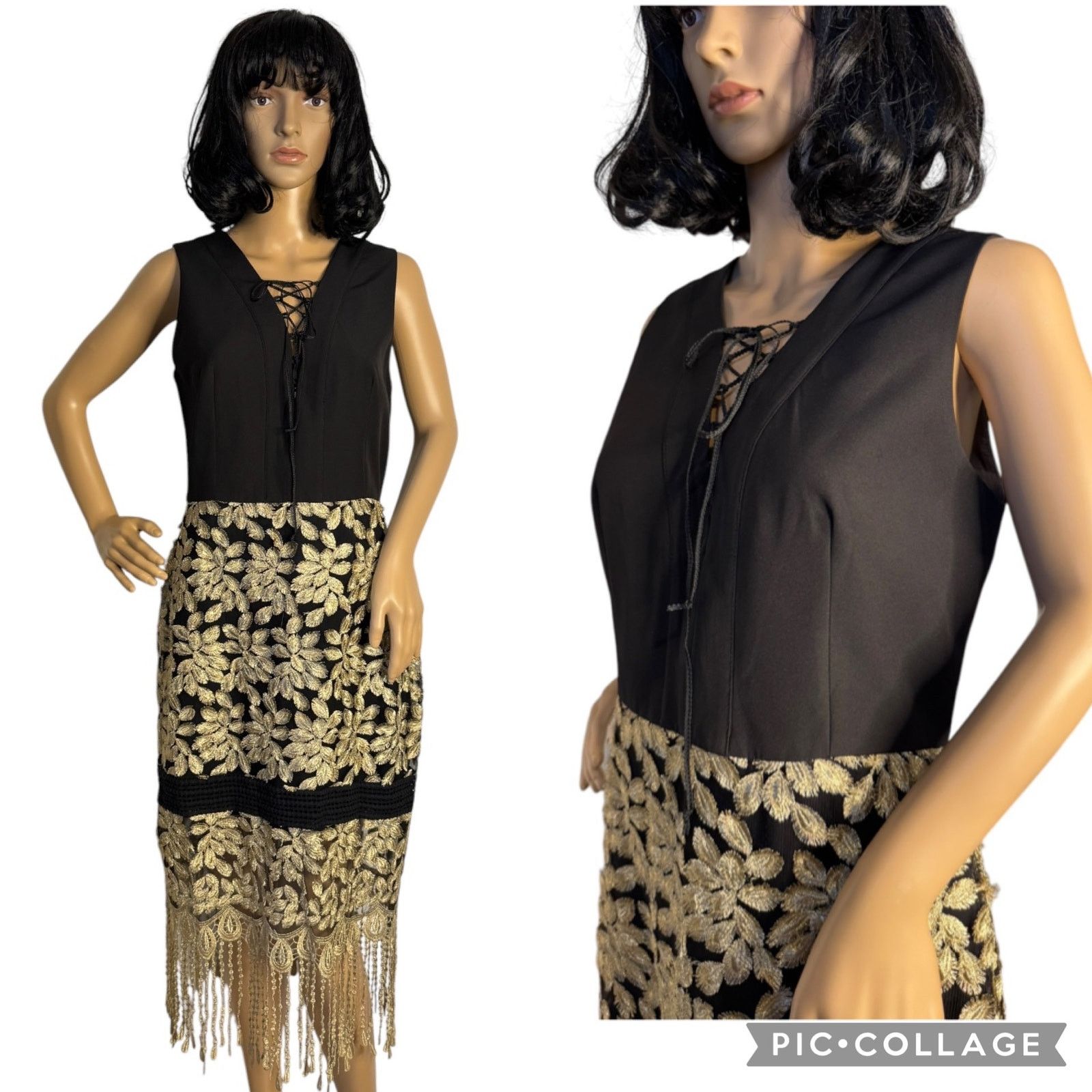 Belle Badgley Mischka Black Gold Fringe Hem Formal Dress 12