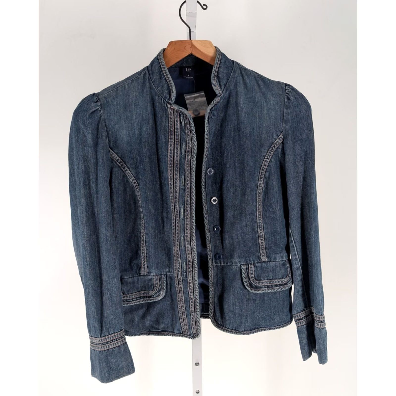 Gap VINTAGE Gap Denim Jacket Military Blazer Pink Stitch Puff Sleeve Y2K 2005 8 Blue Womens Size M / US 6-8 / IT 42-44 - 2 Thumbnail