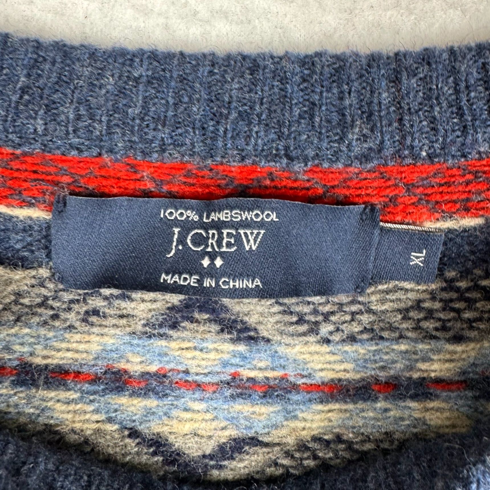 J.Crew J.CREW Mens XL Fair Isle 100% Lambs Wool Knit Crew Neck Sweatshirt Navy Blue Sweater Pullover Knit Wool Winter Casual Size US XL / EU 56 / 4 - 5 Thumbnail