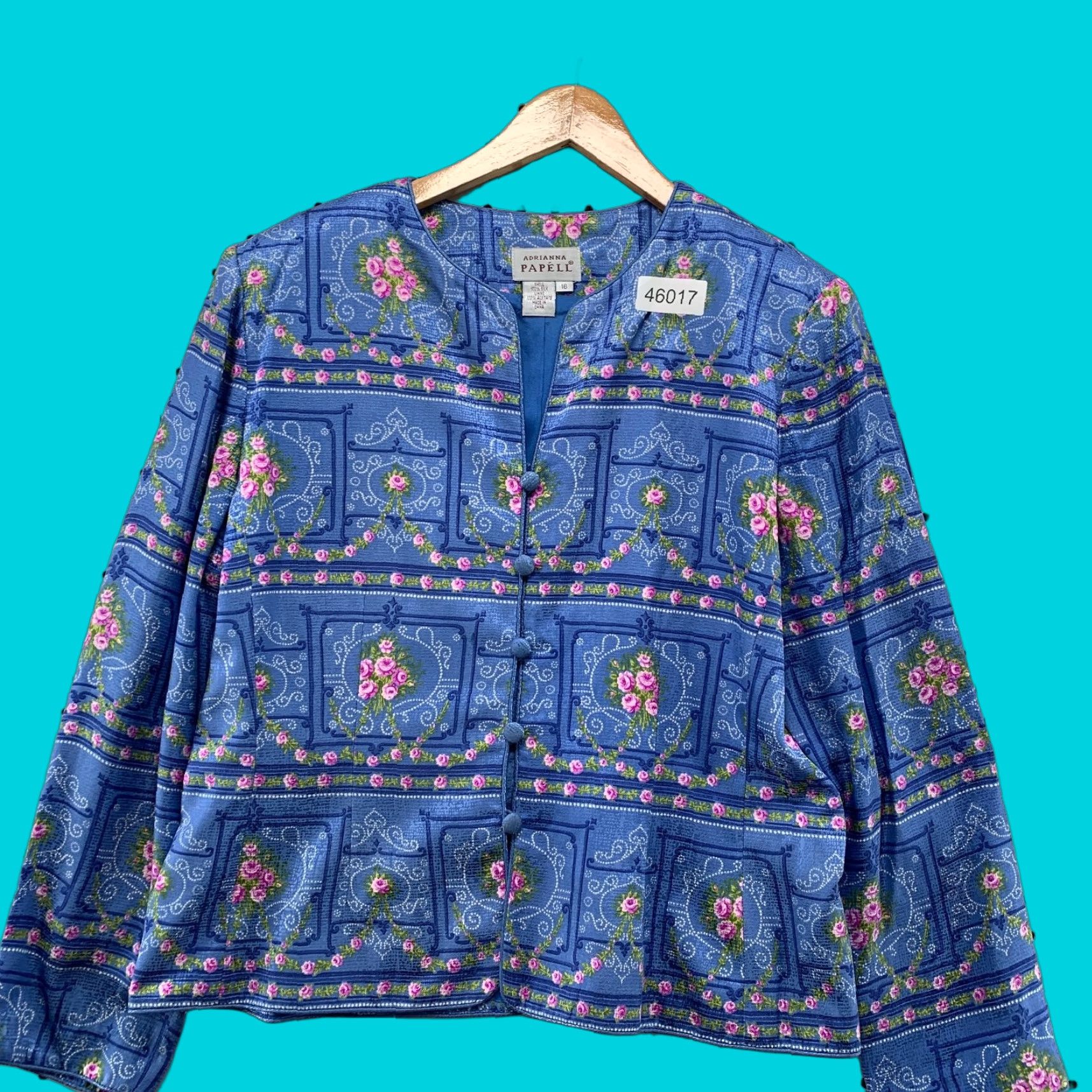 Adrianna Papell Jacket Womens Size 16 Blue Flower 100% Silk Floral
