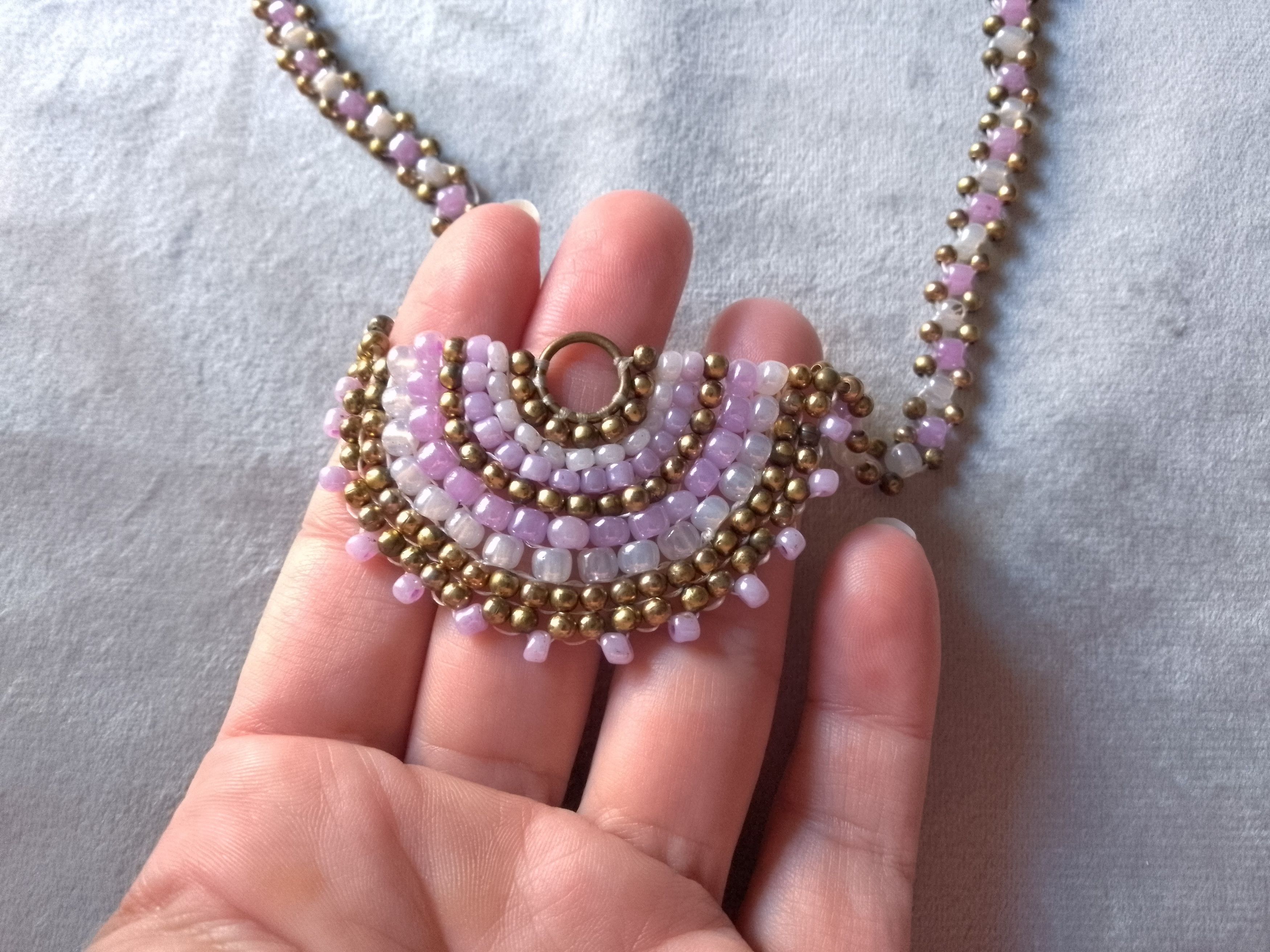 Handmade Necklace Antique Brass White/Purple Glass Elegant Size ONE SIZE - 2 Thumbnail