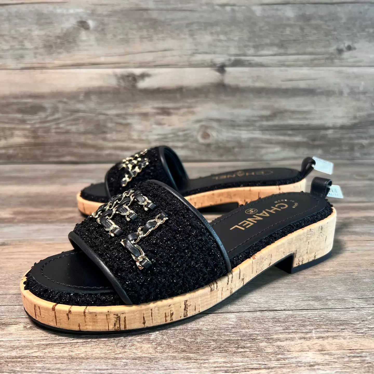 Chanel Chanel Black Chain Tweed Large Logo Slippers Size 36 Size US 5.5 / IT 35.5 - 1 Thumbnail