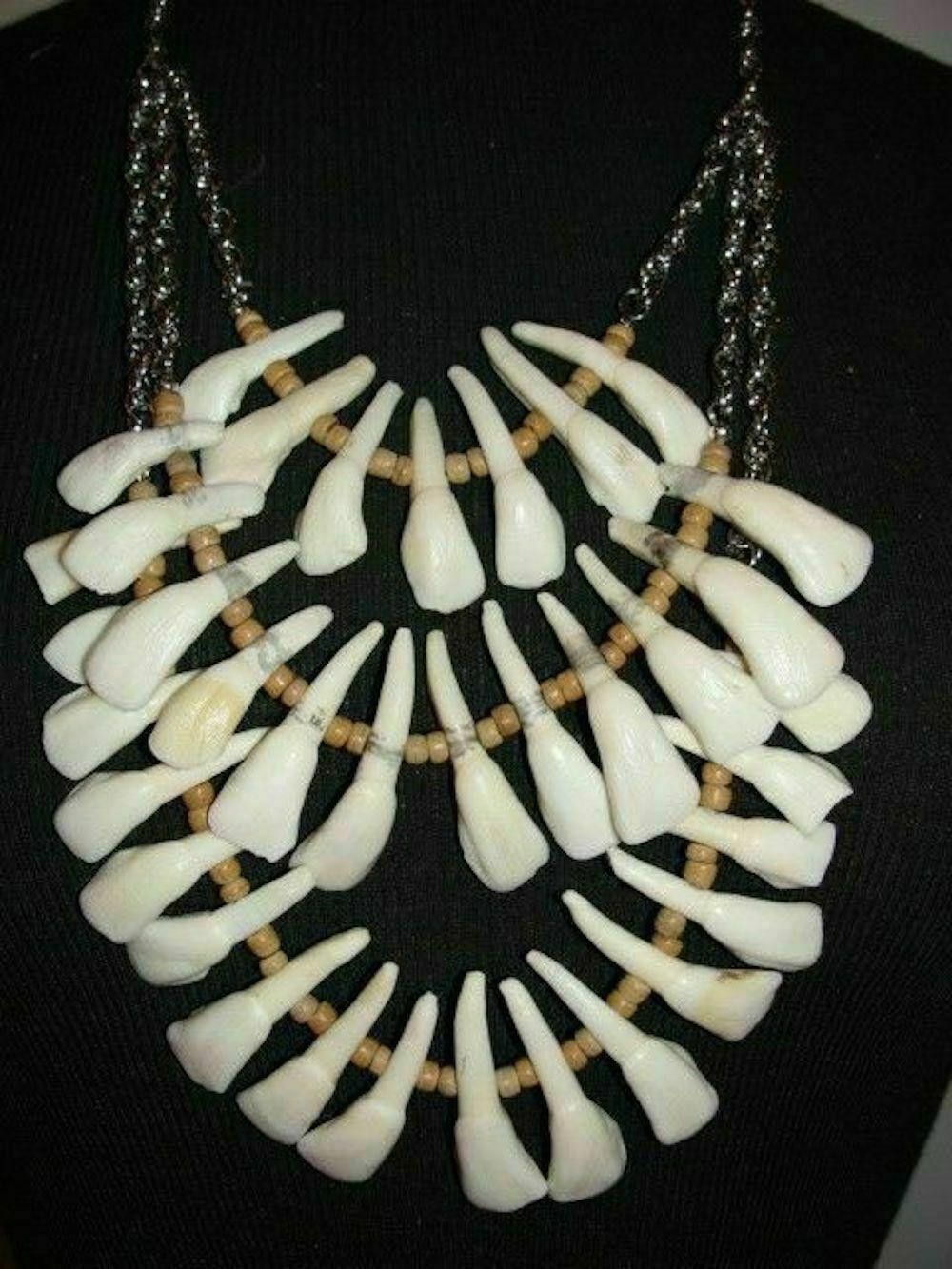 Handmade Santeria Necklace of Buffalo Teeth, Wood & Silver Tone Chain Size ONE SIZE - 2 Thumbnail