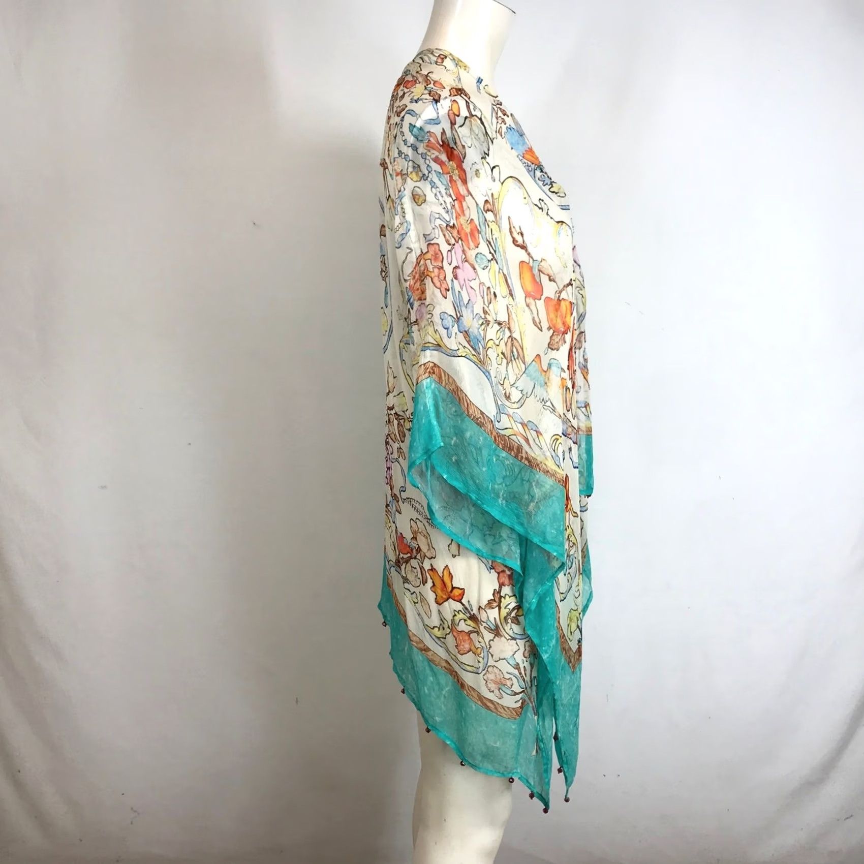 Soft Surroundings Soft Surroundings Kimono Wrap Shirt Womens S Teal Floral Bird Print Cupro Beaded Lightweight Bohemian Size S / US 4 / IT 40 - 4 Thumbnail