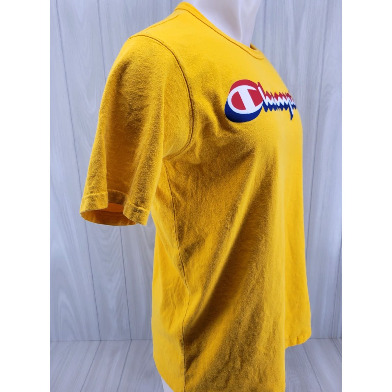 Champion VINTAGE Champion Shirt Mens L Yellow Spell Out Felt Script Blue Tag 90s Shirt Men 90s Size US L / EU 52-54 / 3 - 3 Thumbnail