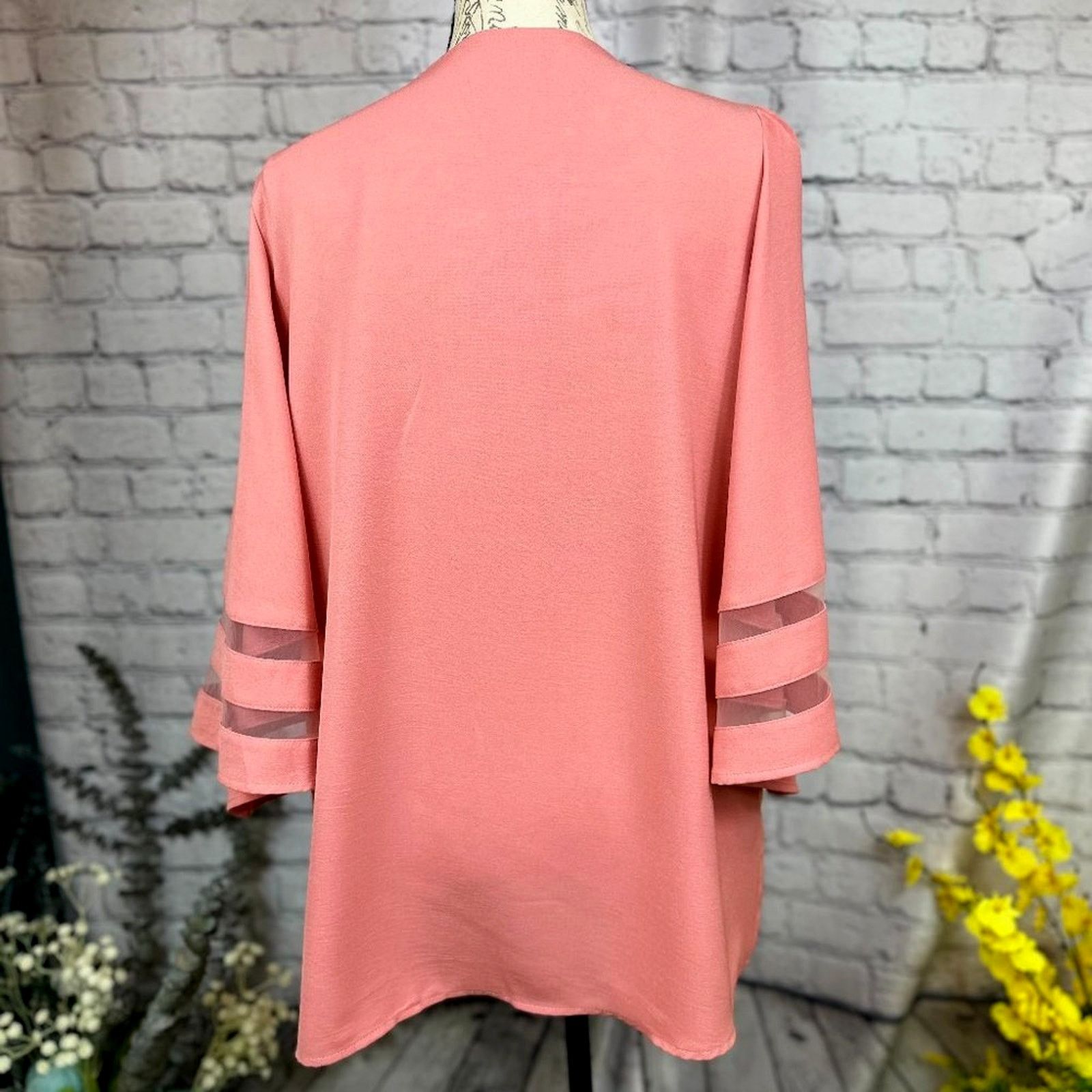 Other Casual V Neck 3/4 Bell Sleeve Mesh Panel Blouse Coral XL Size XL / US 12-14 / IT 48-50 - 6 Thumbnail