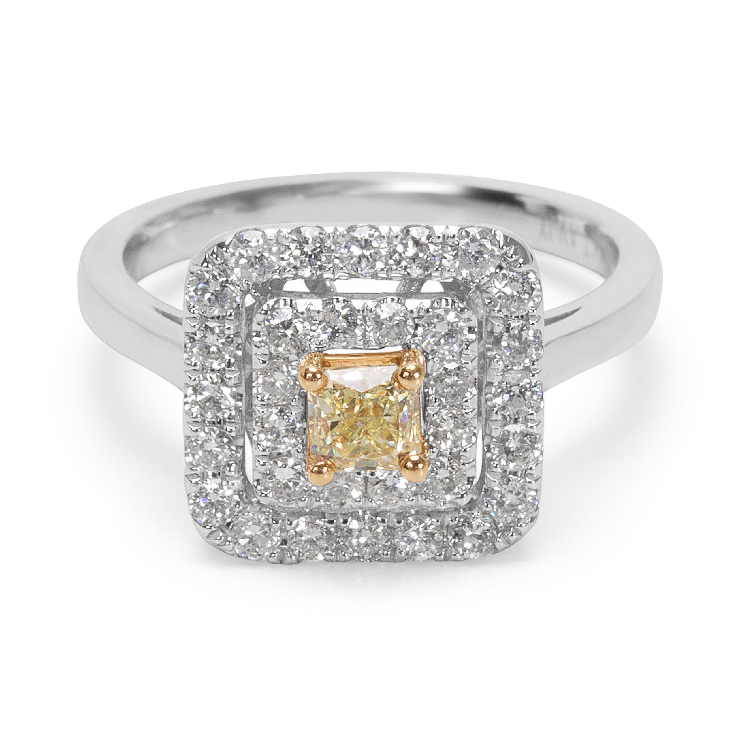 image of Tiffany Co Double Halo Fancy Yellow Diamond Engagement Ring In 14Kt Gold 1.01 Ct, Women's