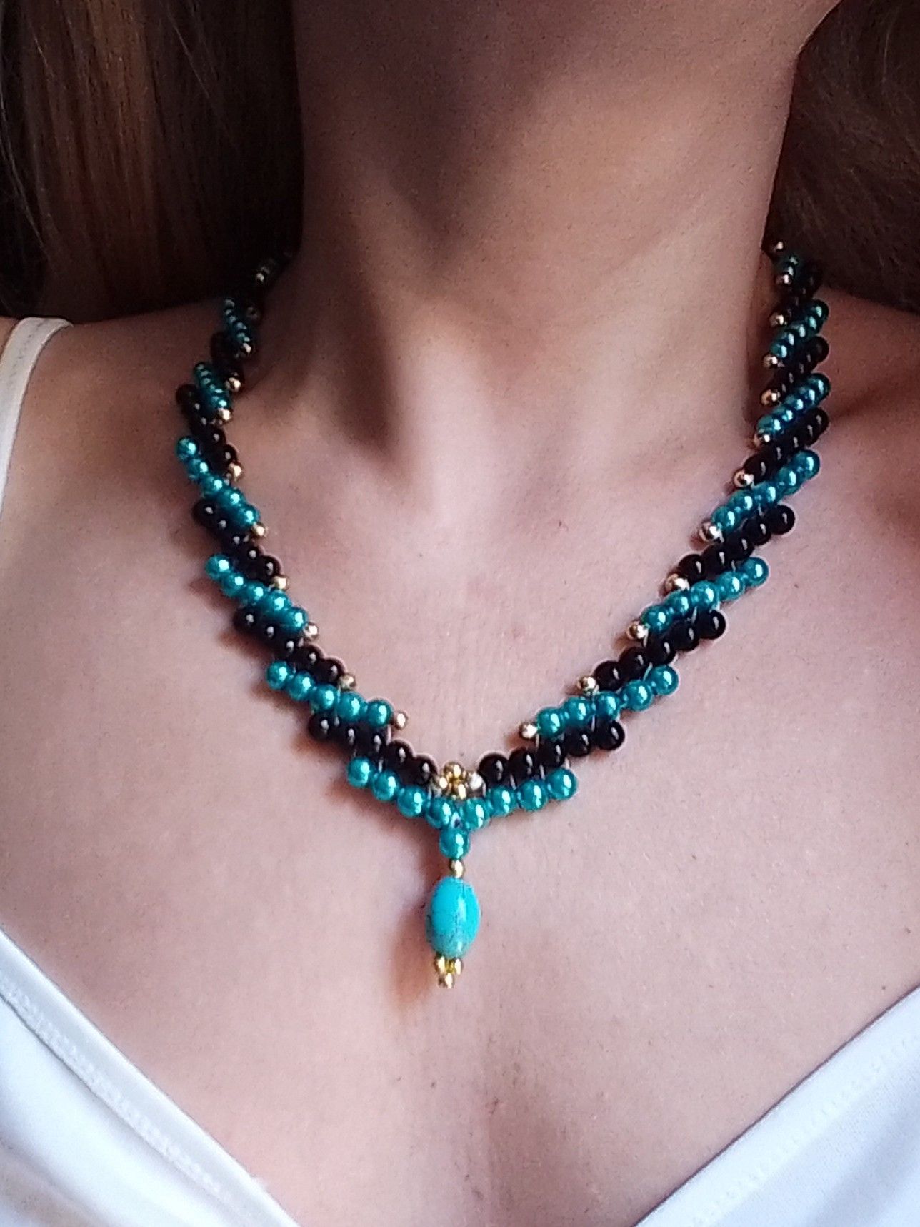 Handmade Necklace pearls choker with turquoise pendant gemstone Size ONE SIZE - 2 Thumbnail