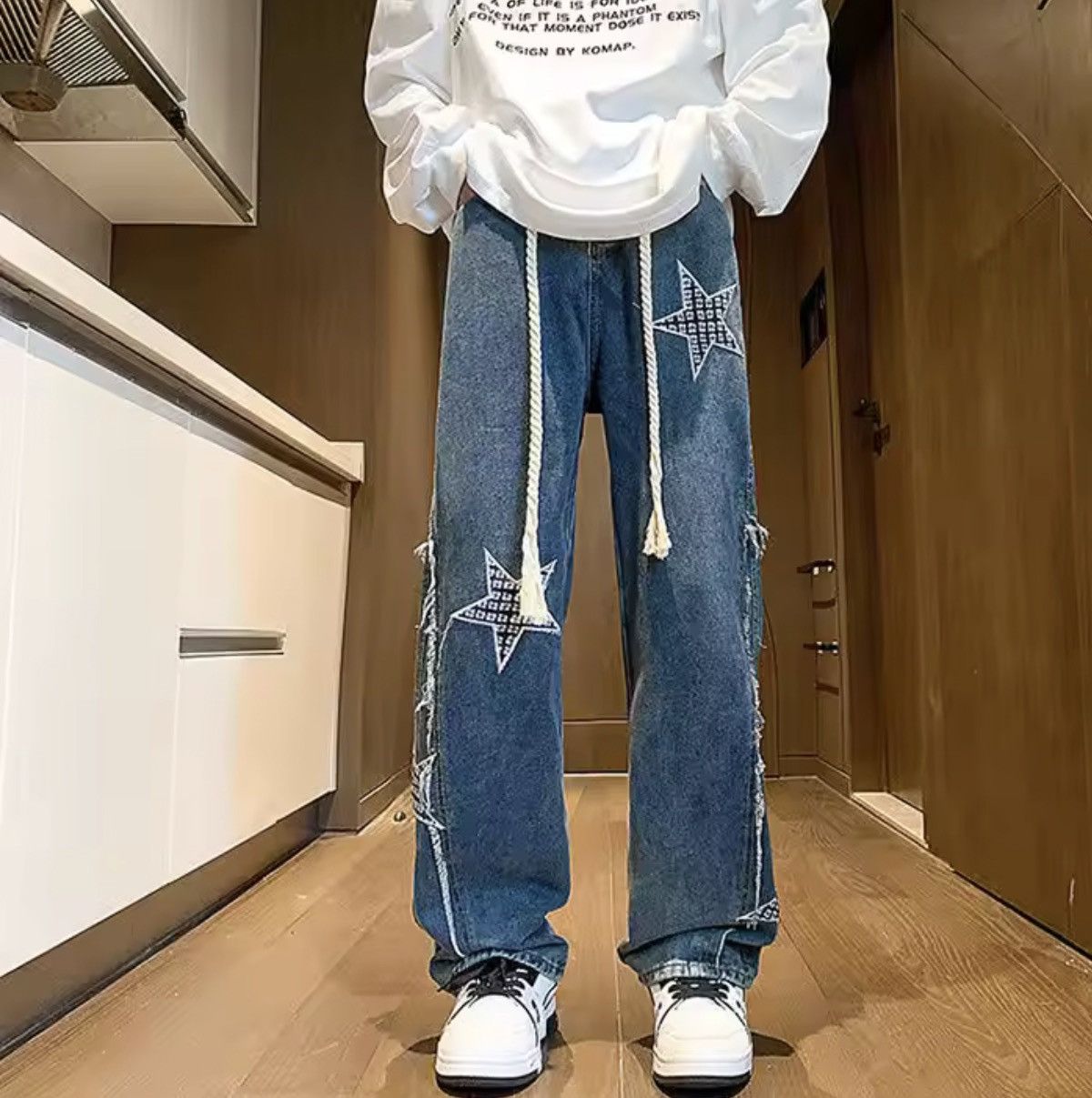 Jean Distressed Star Patchwork Denim – Raw Edge Deconstructed Size US 34 / EU 50 - 10 Thumbnail