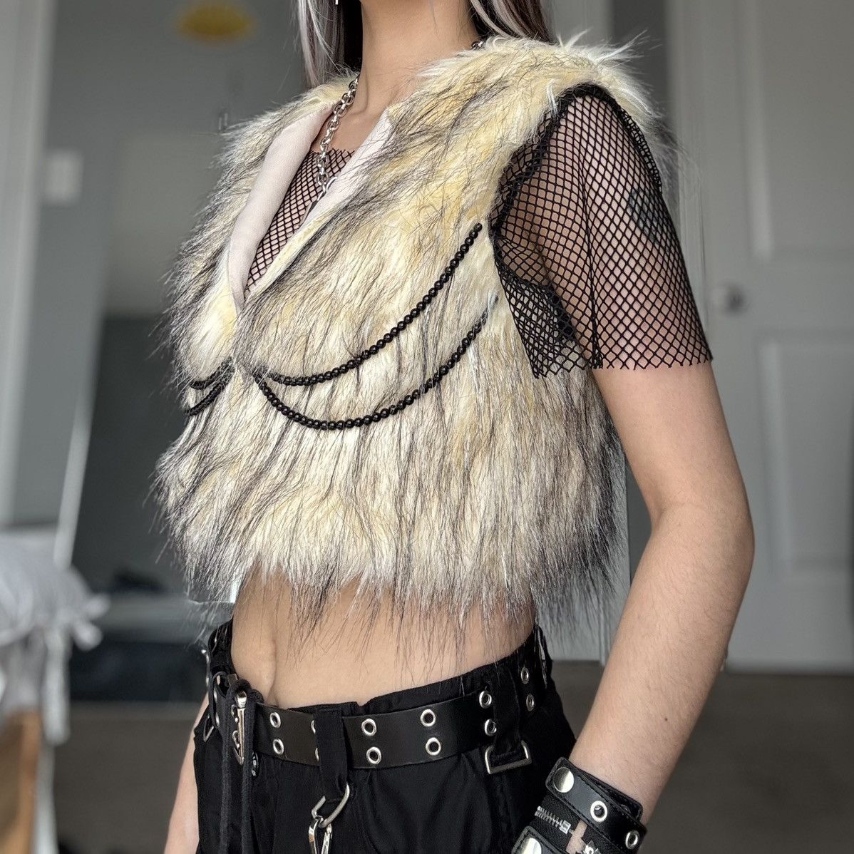 Other Nausicaa NYC Designer Beige & Black Faux Fur Beaded Vest Size S / US 4 / IT 40 - 9 Thumbnail