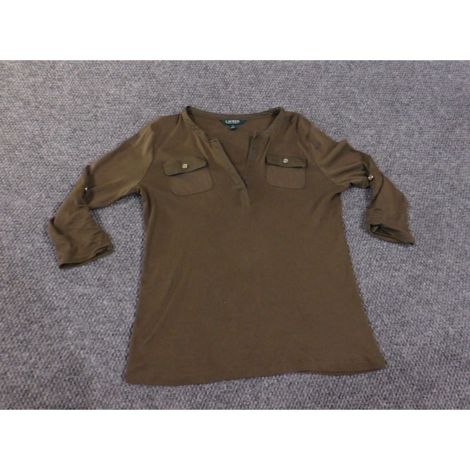 Ralph Lauren Lauren Ralph Lauren Blouse Shirt Womens M Green Stretch V-Neck Pockets Knit Cotton Blend Regular Size M / US 6-8 / IT 42-44 - 2 Thumbnail