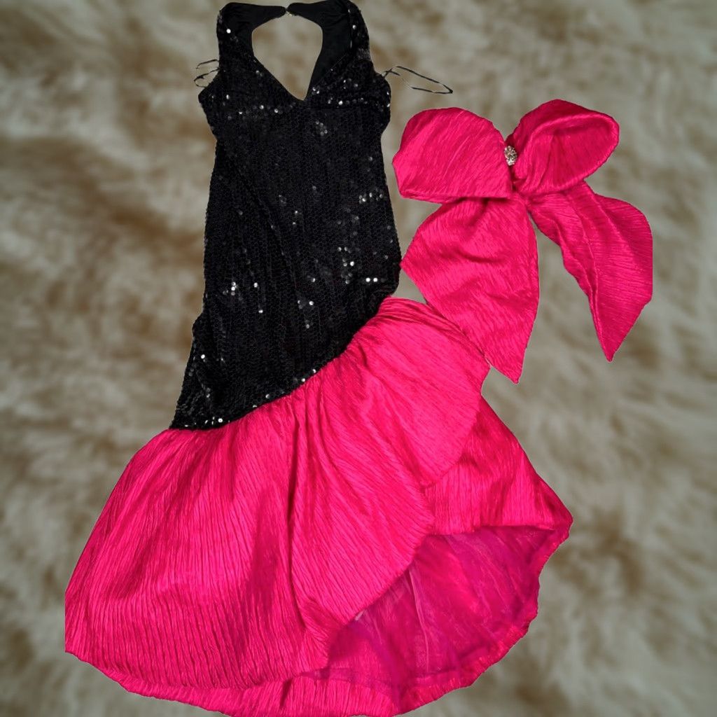 Vintage VINTAGE A.J. Bari Mermaid Dress Shirt Bow Back Halter Neck Sequined Sz 4 Black Pink Open Back Midi Women Dresses Bow flaw Size S / US 4 / IT 40 - 1 Thumbnail